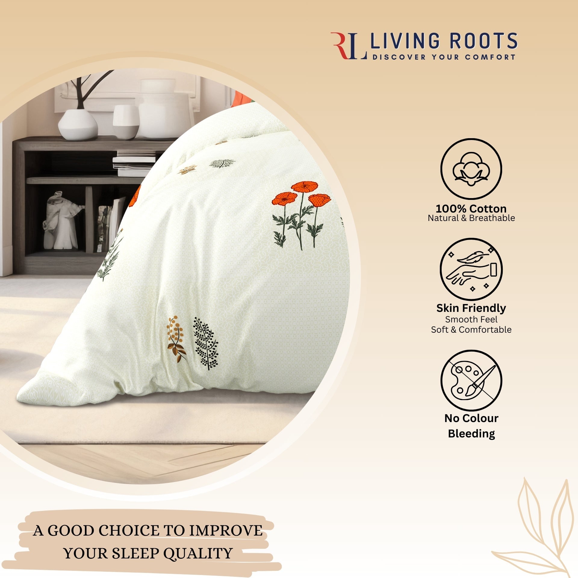 LIVING ROOTS Jaipuri Hand Block Print Super King Cotton Bedsheet 104*104 inches (8.6*8.6 feet) With 2 Pillow Cover | 240 TC | Rich Fast Colour With No Colour Bleeding | (525-E) (Cream)
