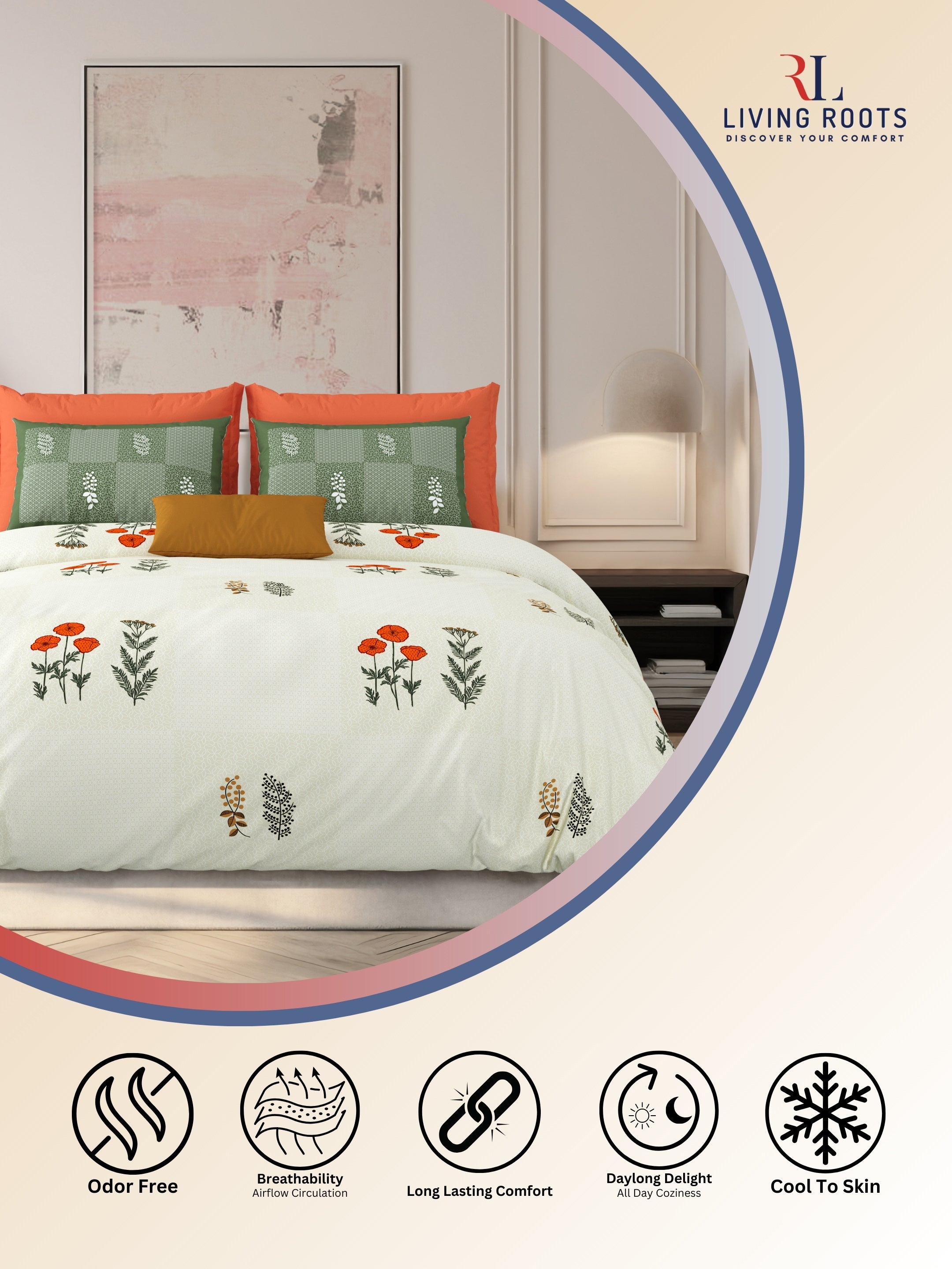 LIVING ROOTS Jaipuri Hand Block Print Super King Cotton Bedsheet 104*104 inches (8.6*8.6 feet) With 2 Pillow Cover | 240 TC | Rich Fast Colour With No Colour Bleeding | (525-E) (Cream)