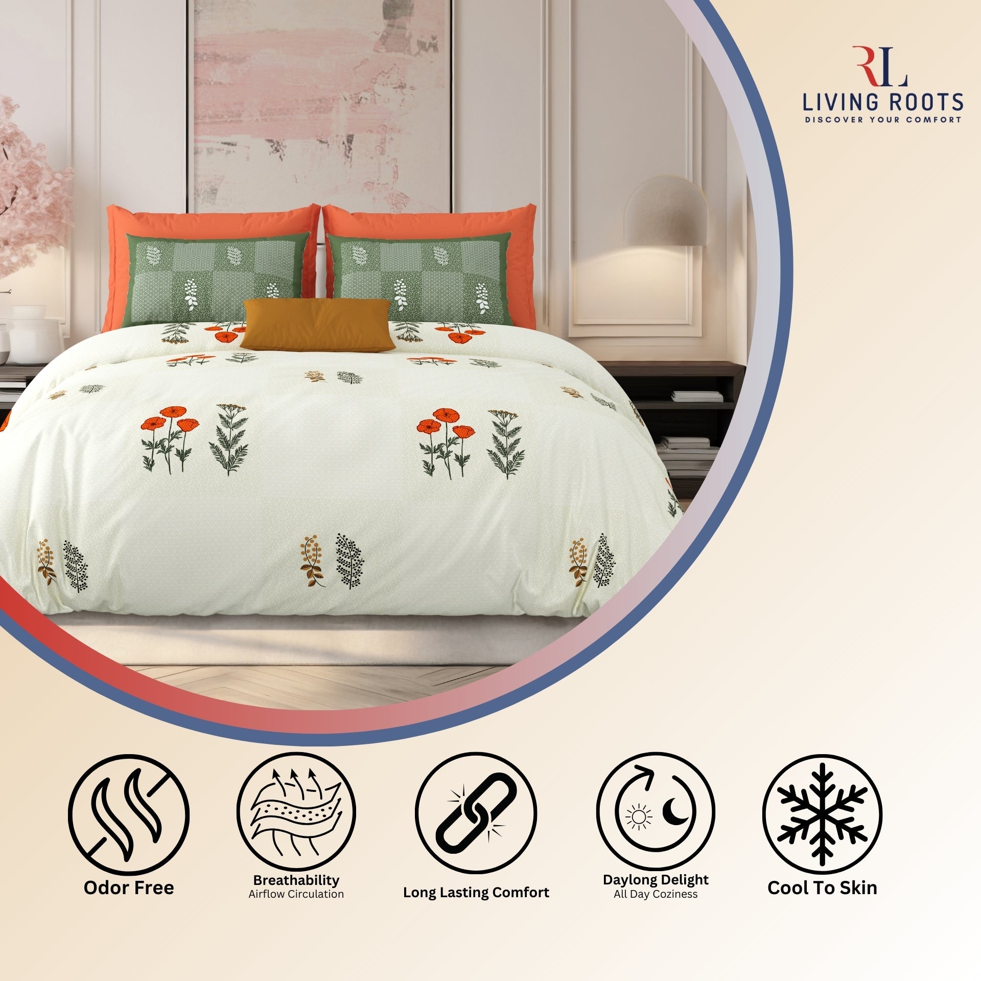 LIVING ROOTS Jaipuri Hand Block Print Super King Cotton Bedsheet 104*104 inches (8.6*8.6 feet) With 2 Pillow Cover | 240 TC | Rich Fast Colour With No Colour Bleeding | (525-E) (Cream)