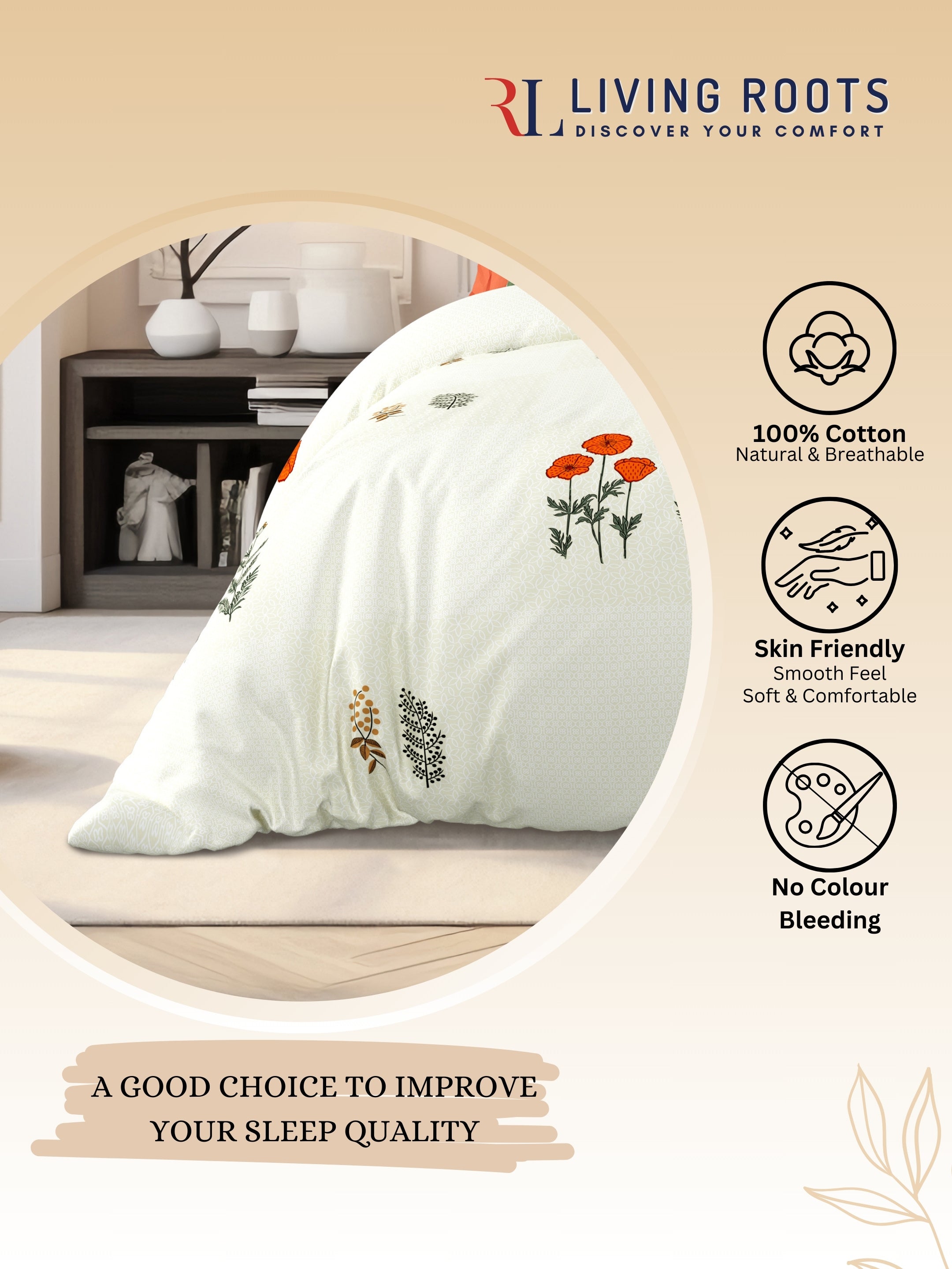LIVING ROOTS Jaipuri Hand Block Print Super King Cotton Bedsheet 104*104 inches (8.6*8.6 feet) With 2 Pillow Cover | 240 TC | Rich Fast Colour With No Colour Bleeding | (525-E) (Cream)