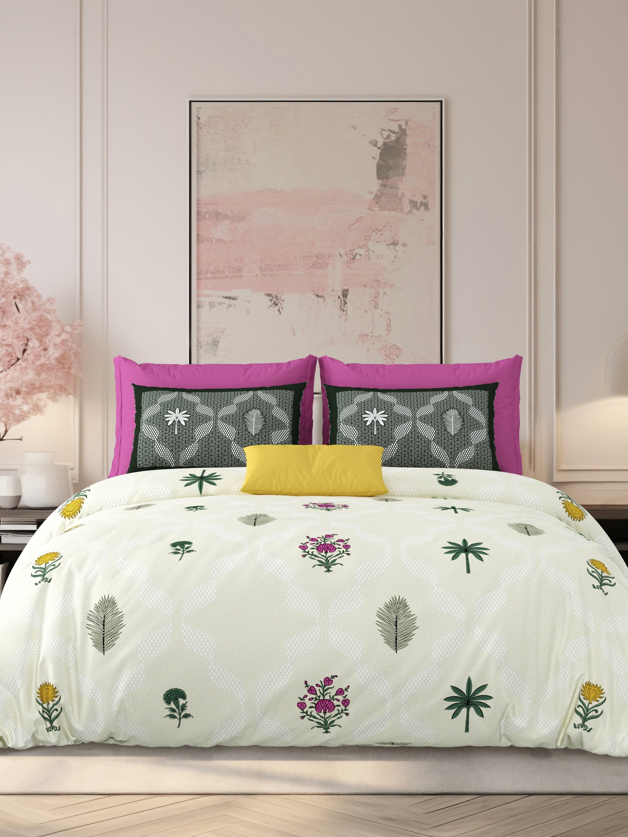 LIVING ROOTS Jaipuri Hand Block Print Super King Cotton Bedsheet 104*104 inches (8.6*8.6 feet) With 2 Pillow Cover | 240 TC | Rich Fast Colour With No Colour Bleeding | (526-A) (Cream)