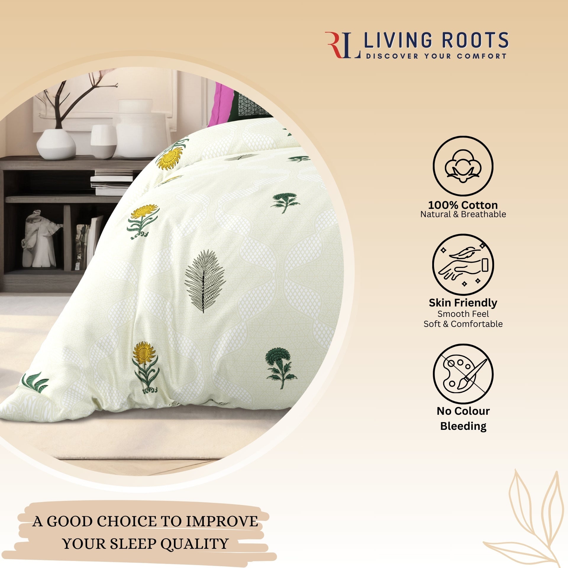 LIVING ROOTS Jaipuri Hand Block Print Super King Cotton Bedsheet 104*104 inches (8.6*8.6 feet) With 2 Pillow Cover | 240 TC | Rich Fast Colour With No Colour Bleeding | (526-A) (Cream)