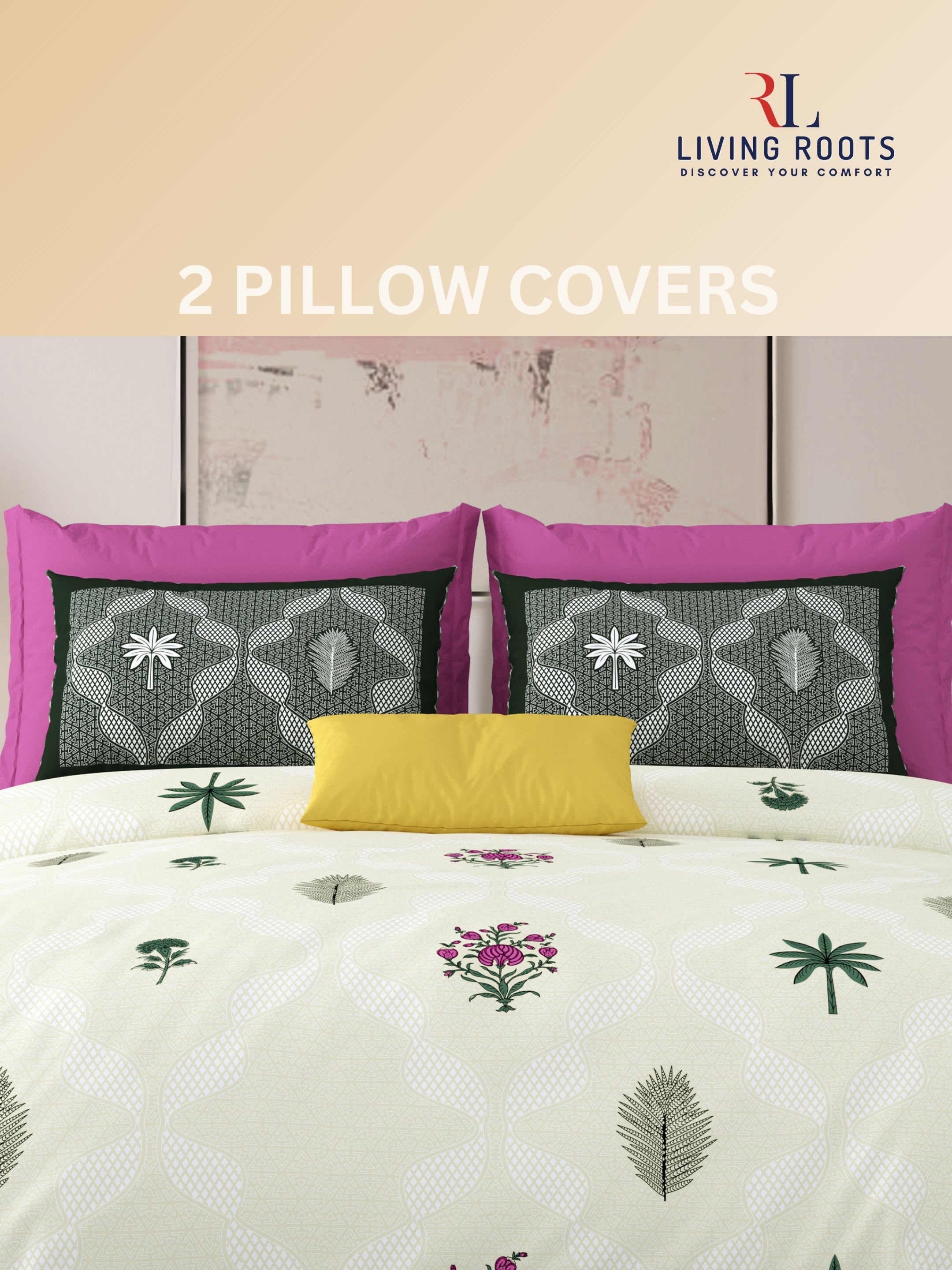 LIVING ROOTS Jaipuri Hand Block Print Super King Cotton Bedsheet 104*104 inches (8.6*8.6 feet) With 2 Pillow Cover | 240 TC | Rich Fast Colour With No Colour Bleeding | (526-A) (Cream)