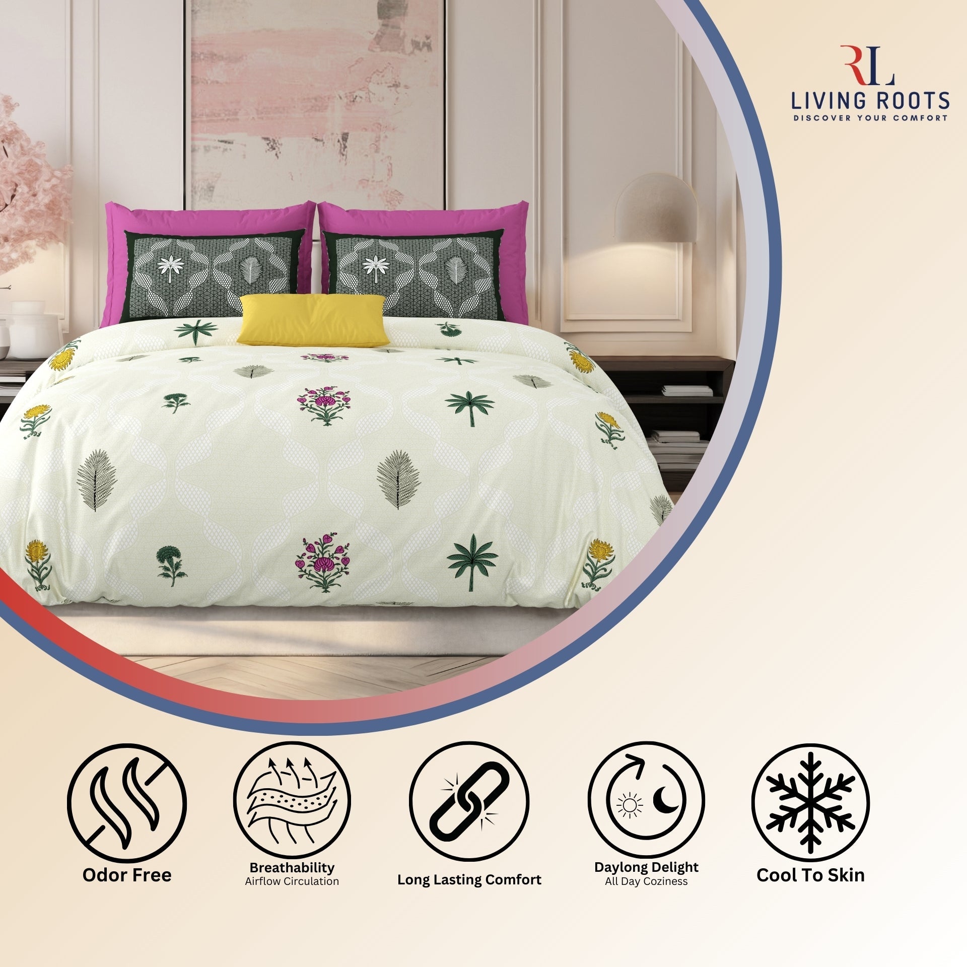 LIVING ROOTS Jaipuri Hand Block Print Super King Cotton Bedsheet 104*104 inches (8.6*8.6 feet) With 2 Pillow Cover | 240 TC | Rich Fast Colour With No Colour Bleeding | (526-A) (Cream)