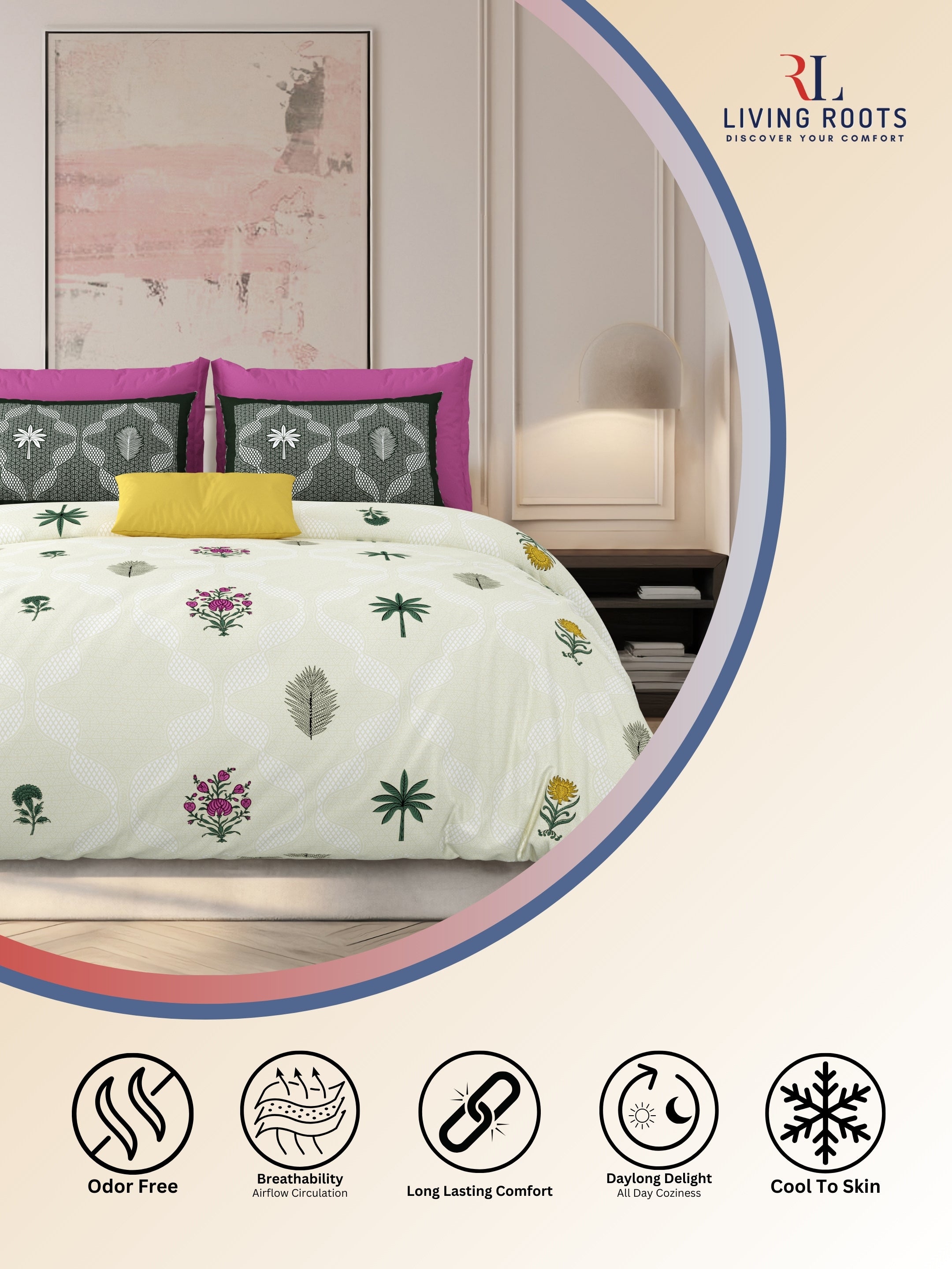 LIVING ROOTS Jaipuri Hand Block Print Super King Cotton Bedsheet 104*104 inches (8.6*8.6 feet) With 2 Pillow Cover | 240 TC | Rich Fast Colour With No Colour Bleeding | (526-A) (Cream)