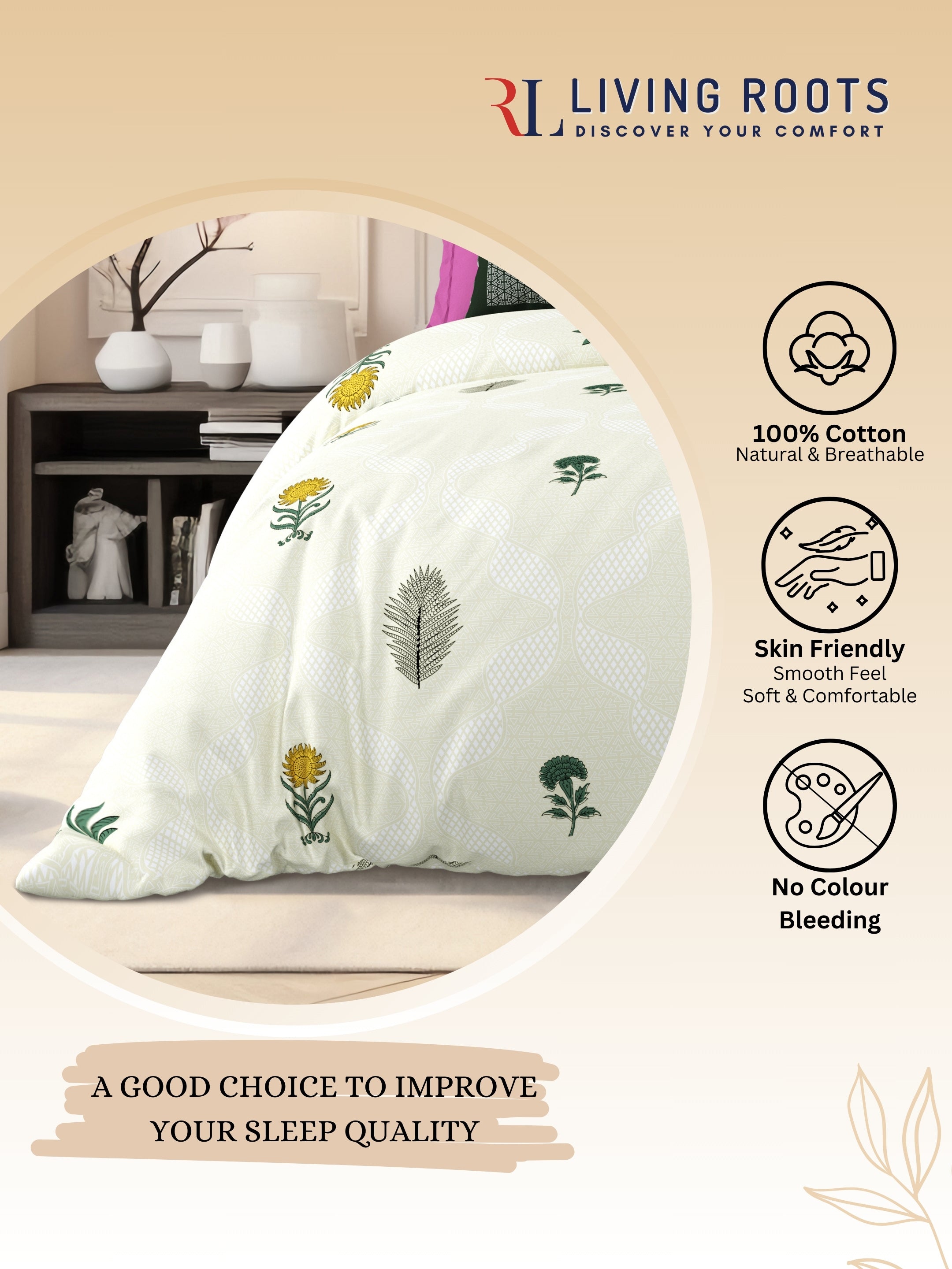 LIVING ROOTS Jaipuri Hand Block Print Super King Cotton Bedsheet 104*104 inches (8.6*8.6 feet) With 2 Pillow Cover | 240 TC | Rich Fast Colour With No Colour Bleeding | (526-A) (Cream)