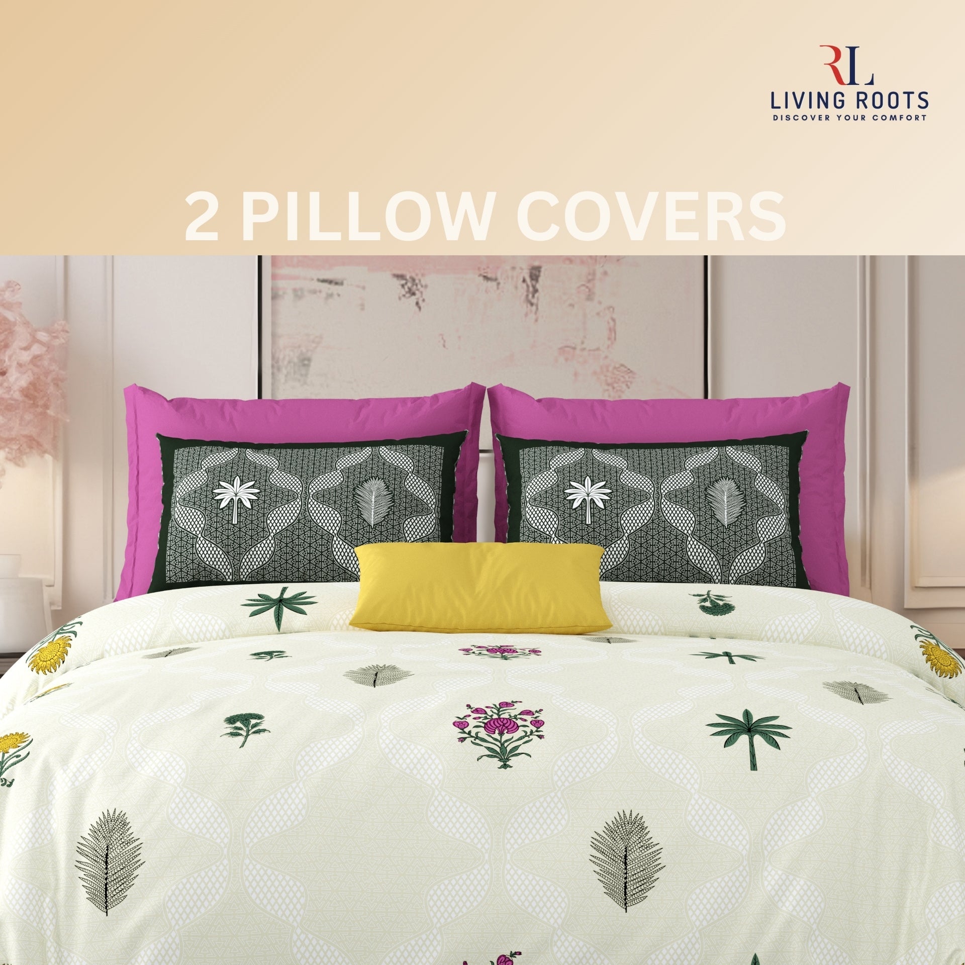 LIVING ROOTS Jaipuri Hand Block Print Super King Cotton Bedsheet 104*104 inches (8.6*8.6 feet) With 2 Pillow Cover | 240 TC | Rich Fast Colour With No Colour Bleeding | (526-A) (Cream)