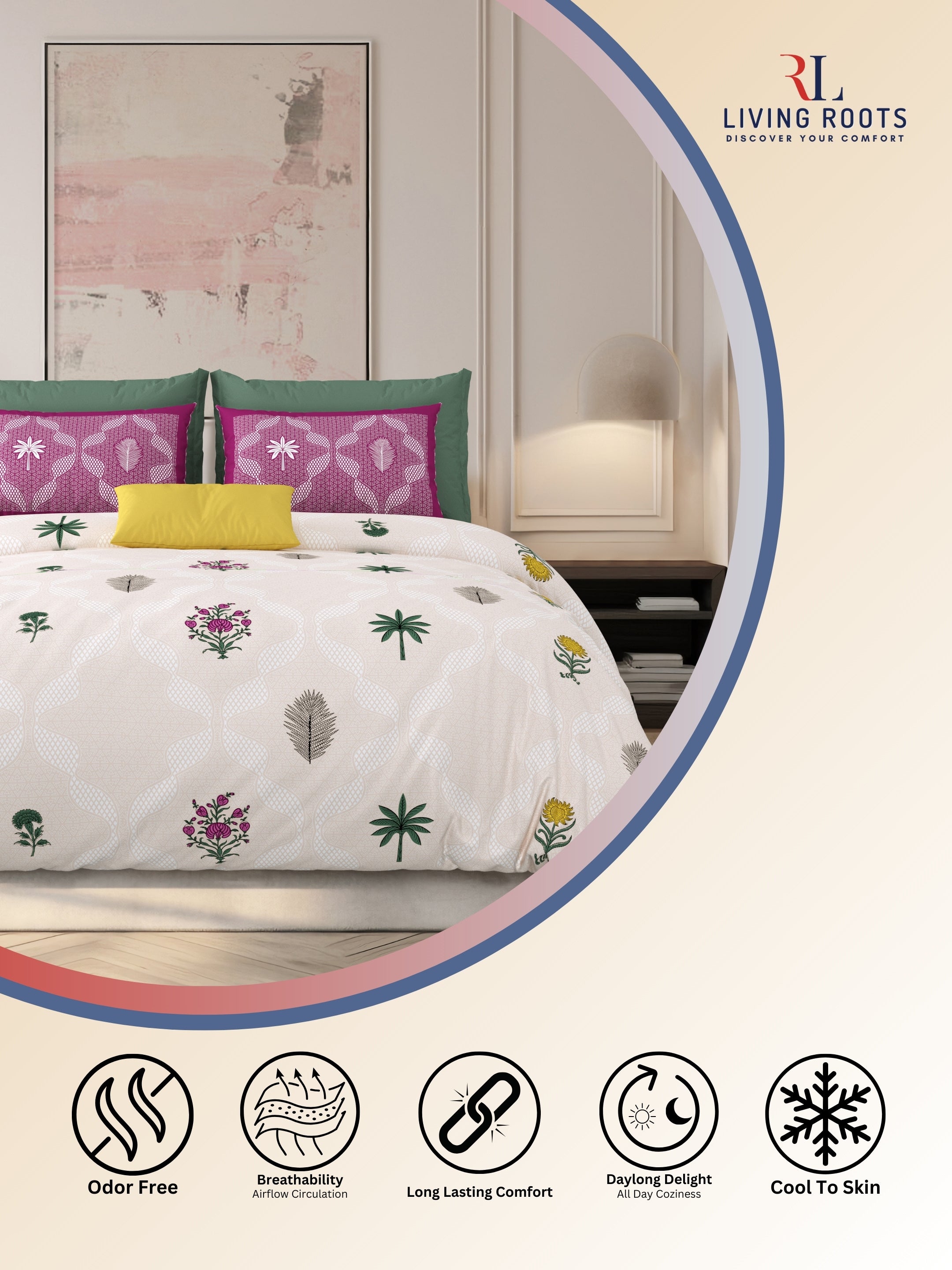 LIVING ROOTS Jaipuri Hand Block Print Super King Cotton Bedsheet 104*104 inches (8.6*8.6 feet) With 2 Pillow Cover | 240 TC | Rich Fast Colour With No Colour Bleeding | (526-B) (Purple)