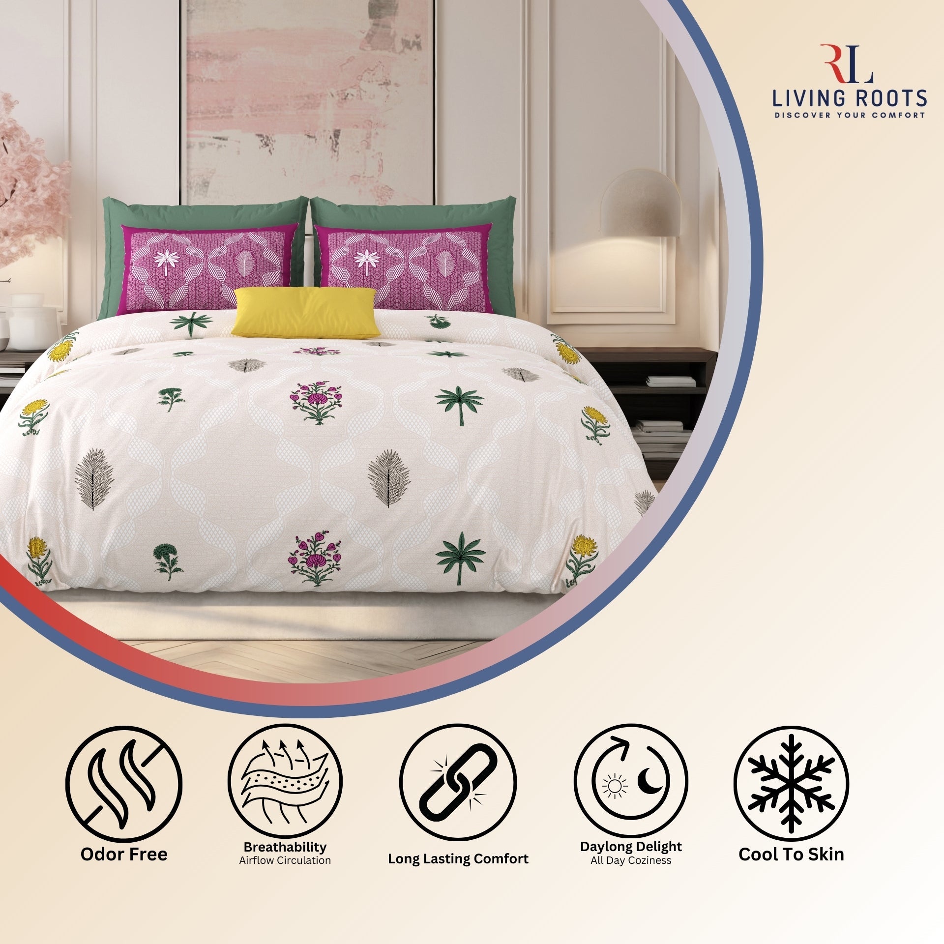 LIVING ROOTS Jaipuri Hand Block Print Super King Cotton Bedsheet 104*104 inches (8.6*8.6 feet) With 2 Pillow Cover | 240 TC | Rich Fast Colour With No Colour Bleeding | (526-B) (Purple)