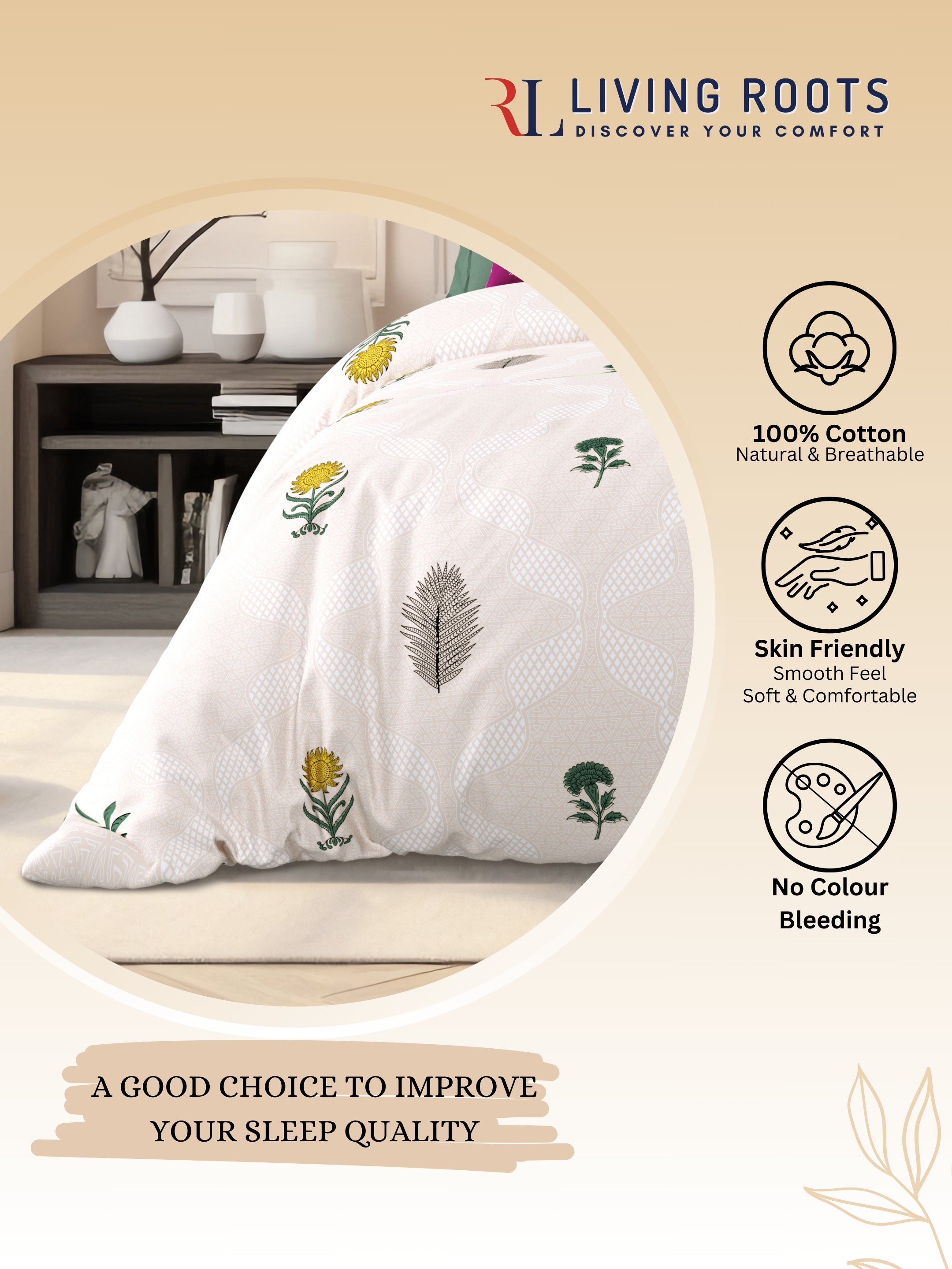 LIVING ROOTS Jaipuri Hand Block Print Super King Cotton Bedsheet 104*104 inches (8.6*8.6 feet) With 2 Pillow Cover | 240 TC | Rich Fast Colour With No Colour Bleeding | (526-B) (Purple)