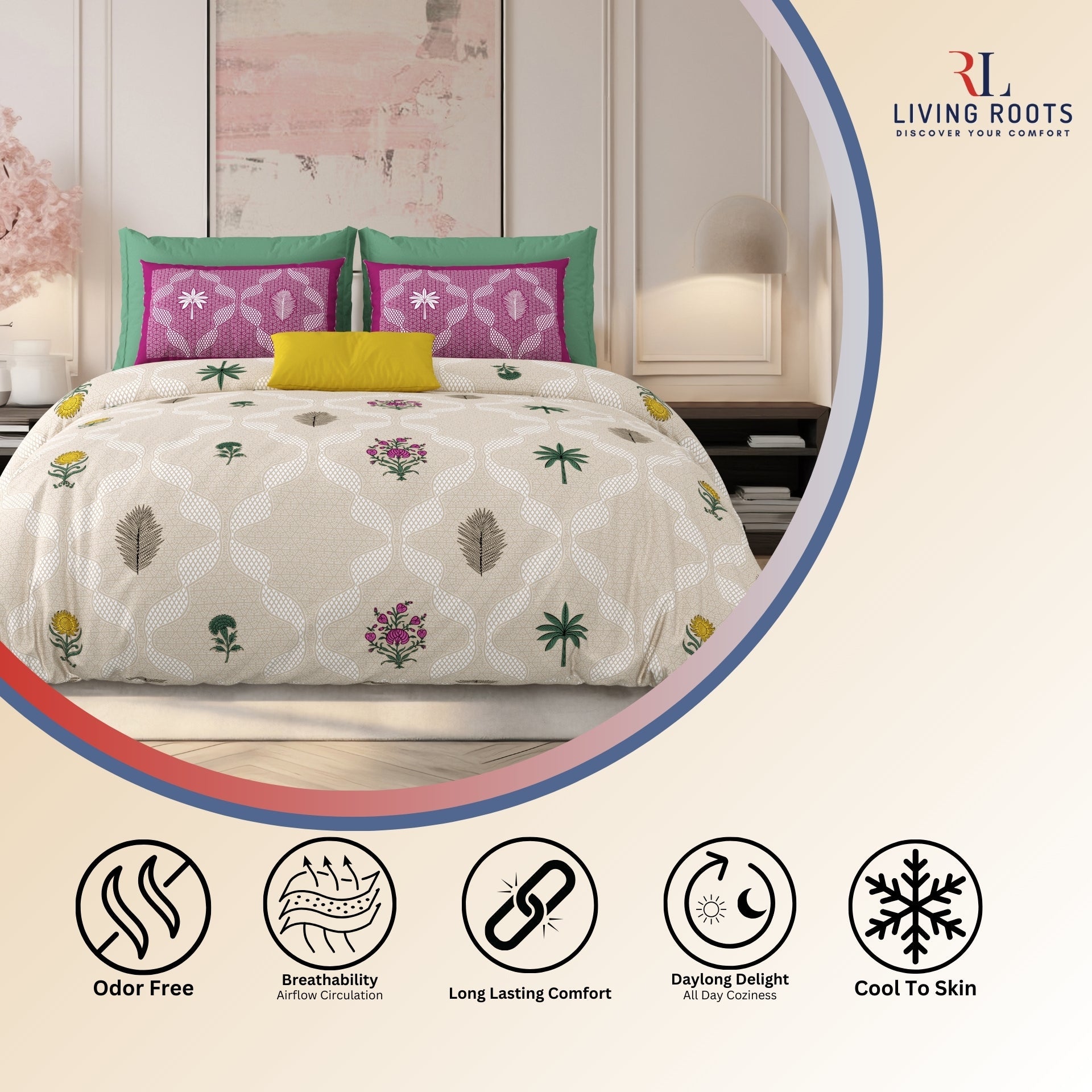 LIVING ROOTS Jaipuri Hand Block Print Super King Cotton Bedsheet 104*104 inches (8.6*8.6 feet) With 2 Pillow Cover | 240 TC | Rich Fast Colour With No Colour Bleeding | (526-C) (Brown)