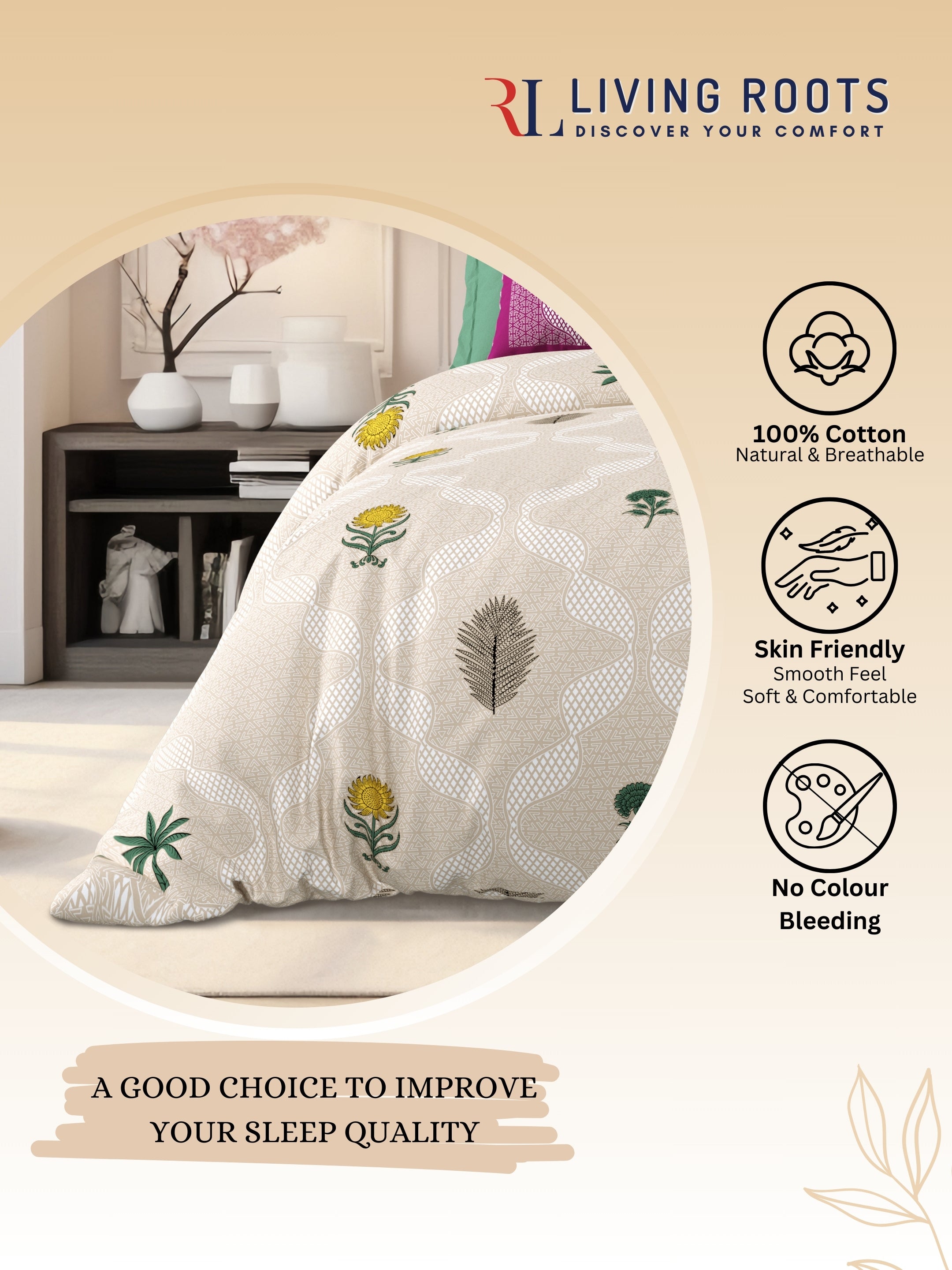 LIVING ROOTS Jaipuri Hand Block Print Super King Cotton Bedsheet 104*104 inches (8.6*8.6 feet) With 2 Pillow Cover | 240 TC | Rich Fast Colour With No Colour Bleeding | (526-C) (Brown)