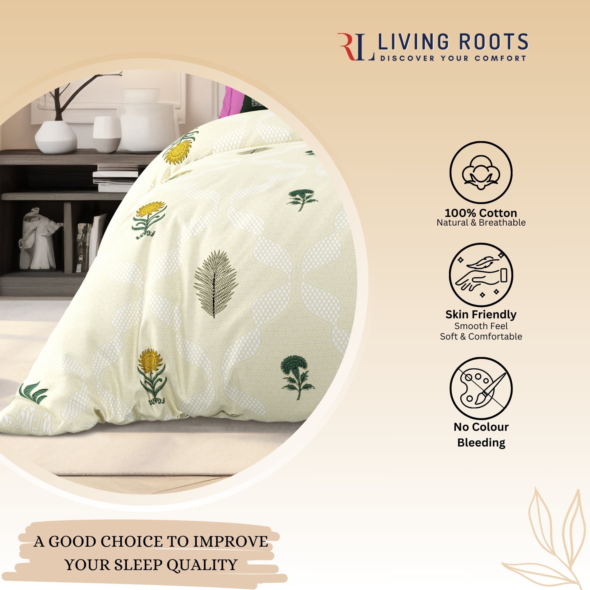 LIVING ROOTS Jaipuri Hand Block Print Super King Cotton Bedsheet 104*104 inches (8.6*8.6 feet) With 2 Pillow Cover | 240 TC | Rich Fast Colour With No Colour Bleeding | (526-D) (Yellow)