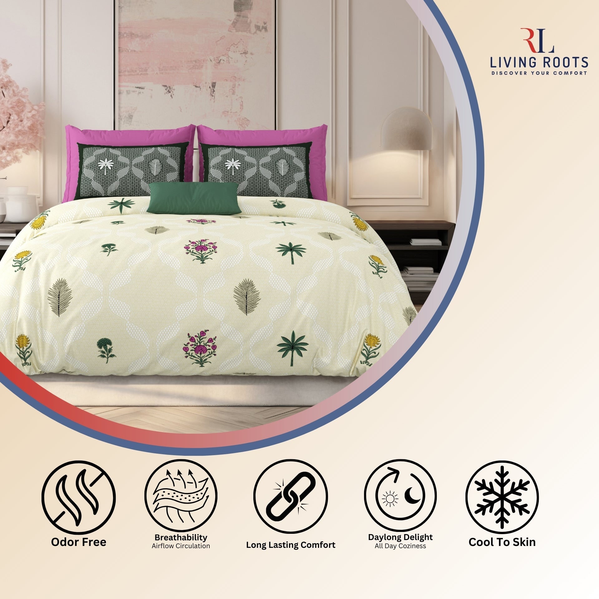 LIVING ROOTS Jaipuri Hand Block Print Super King Cotton Bedsheet 104*104 inches (8.6*8.6 feet) With 2 Pillow Cover | 240 TC | Rich Fast Colour With No Colour Bleeding | (526-D) (Yellow)