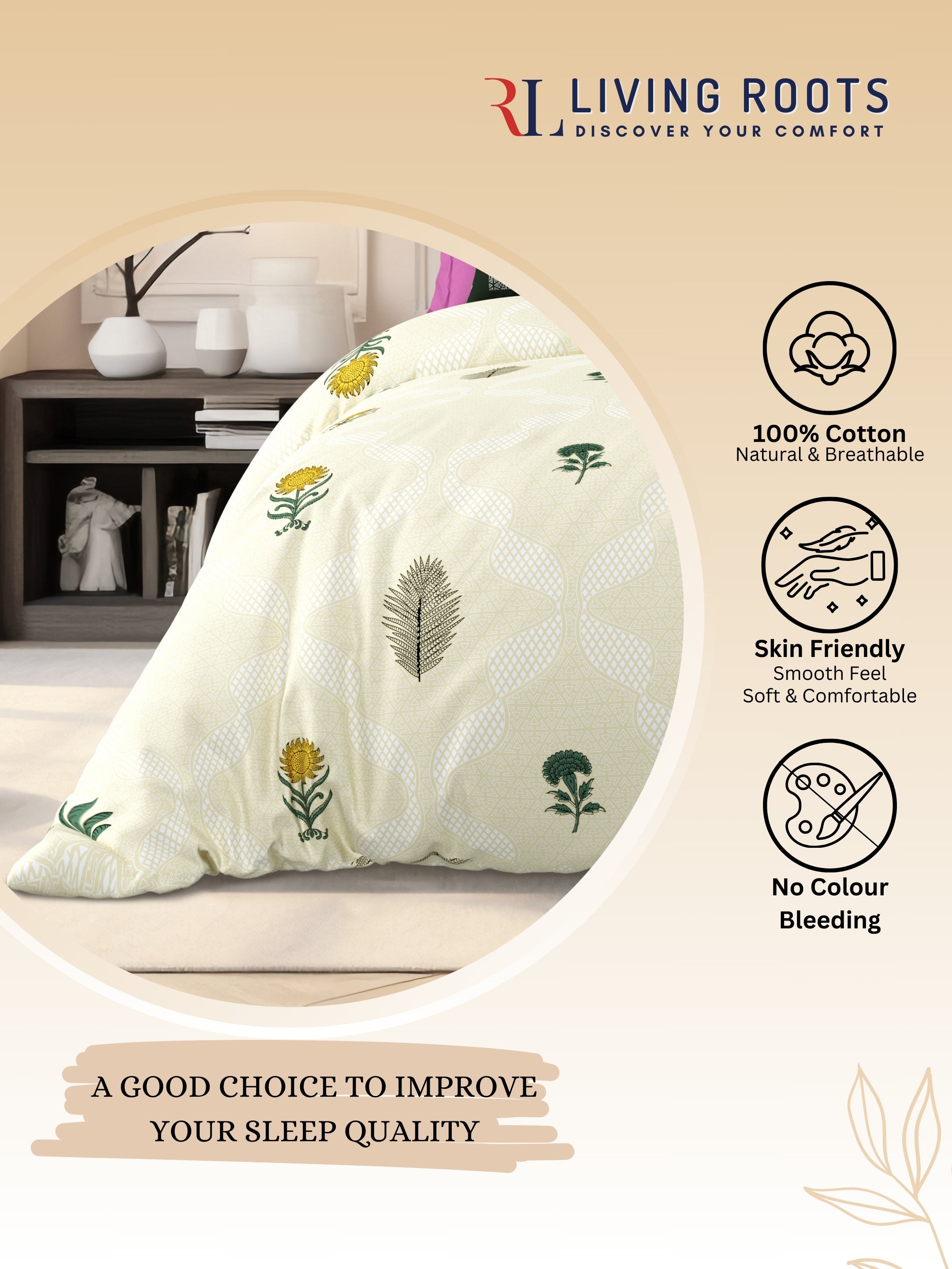 LIVING ROOTS Jaipuri Hand Block Print Super King Cotton Bedsheet 104*104 inches (8.6*8.6 feet) With 2 Pillow Cover | 240 TC | Rich Fast Colour With No Colour Bleeding | (526-D) (Yellow)