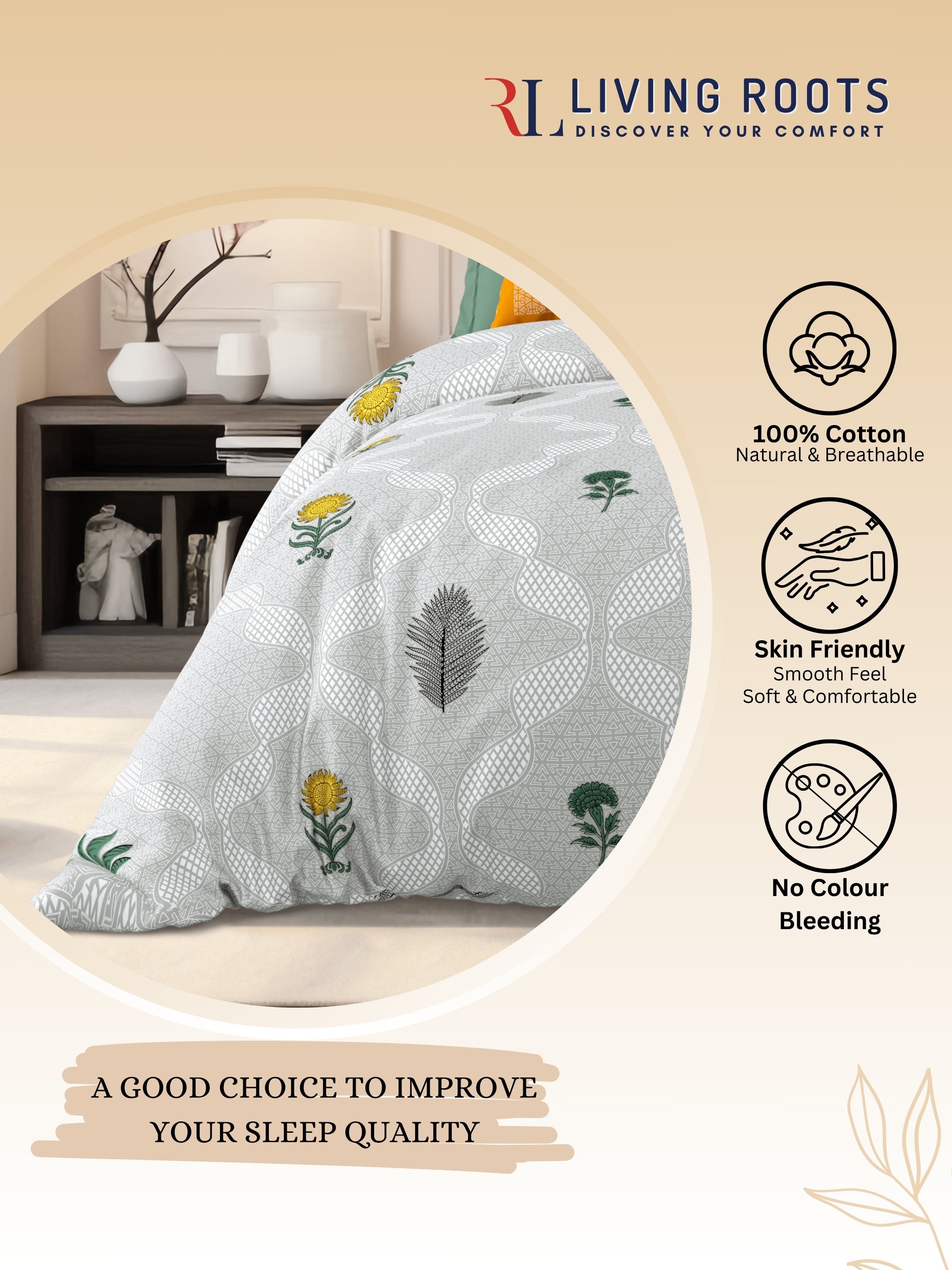 LIVING ROOTS Jaipuri Hand Block Print Super King Cotton Bedsheet 104*104 inches (8.6*8.6 feet) With 2 Pillow Cover | 240 TC | Rich Fast Colour With No Colour Bleeding | (526-E) (Green)