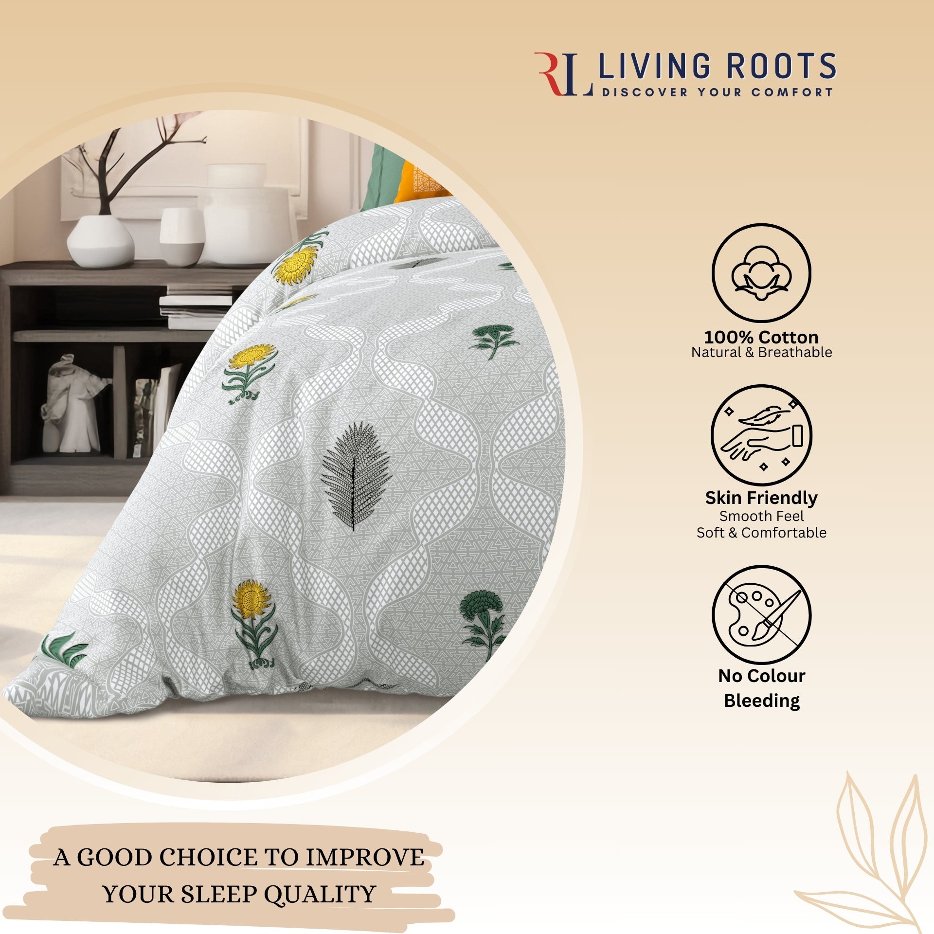LIVING ROOTS Jaipuri Hand Block Print Super King Cotton Bedsheet 104*104 inches (8.6*8.6 feet) With 2 Pillow Cover | 240 TC | Rich Fast Colour With No Colour Bleeding | (526-E) (Green)