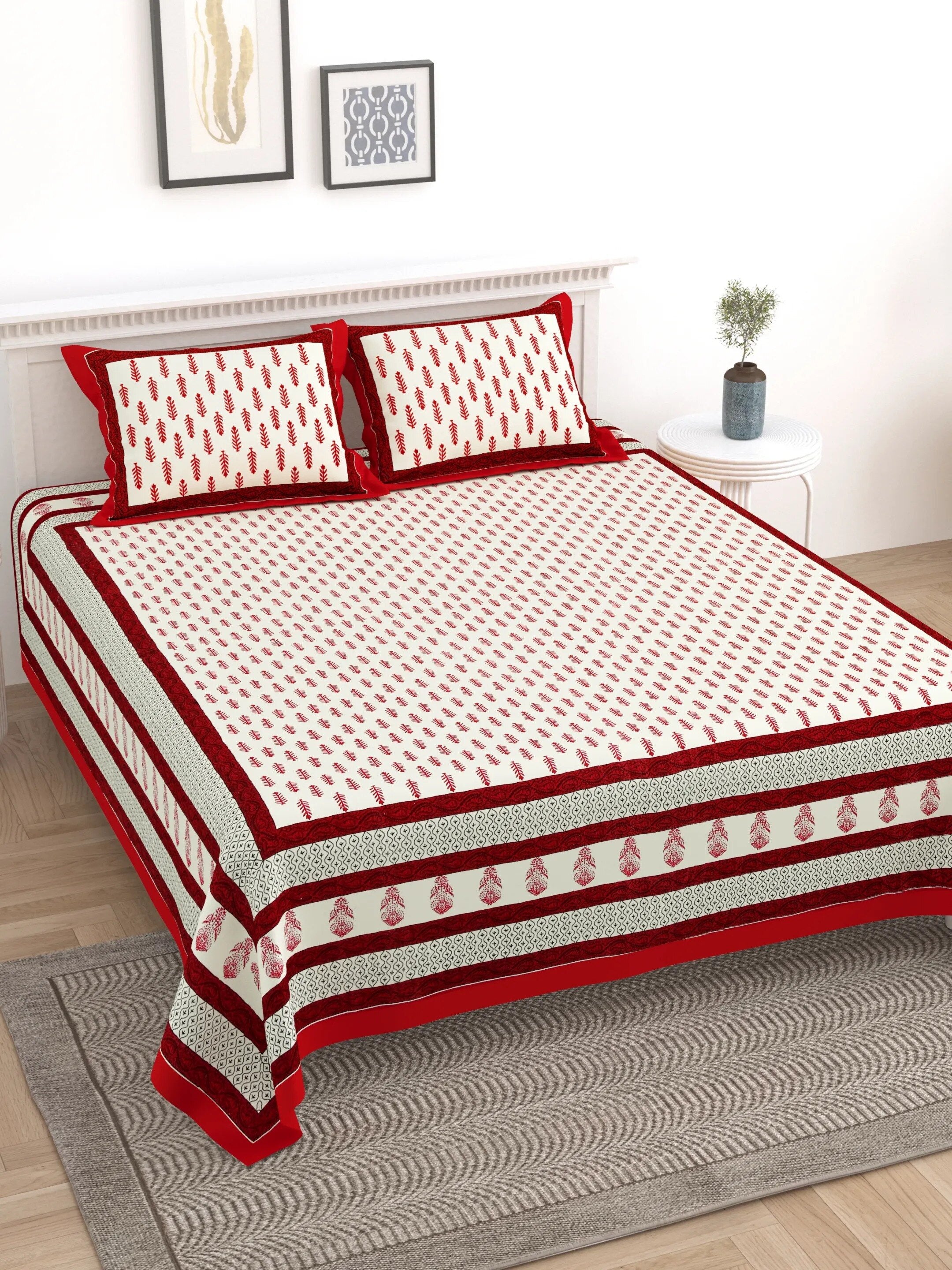 LIVING ROOTS Jaipuri Hand Block Print Double King Cotton Bedsheet 90*104 inches (7.5*8.6 feet) With 2 Pillow Cover | 240 TC | Rich Fast Colour With No Colour Bleeding | (527-A) (Red)