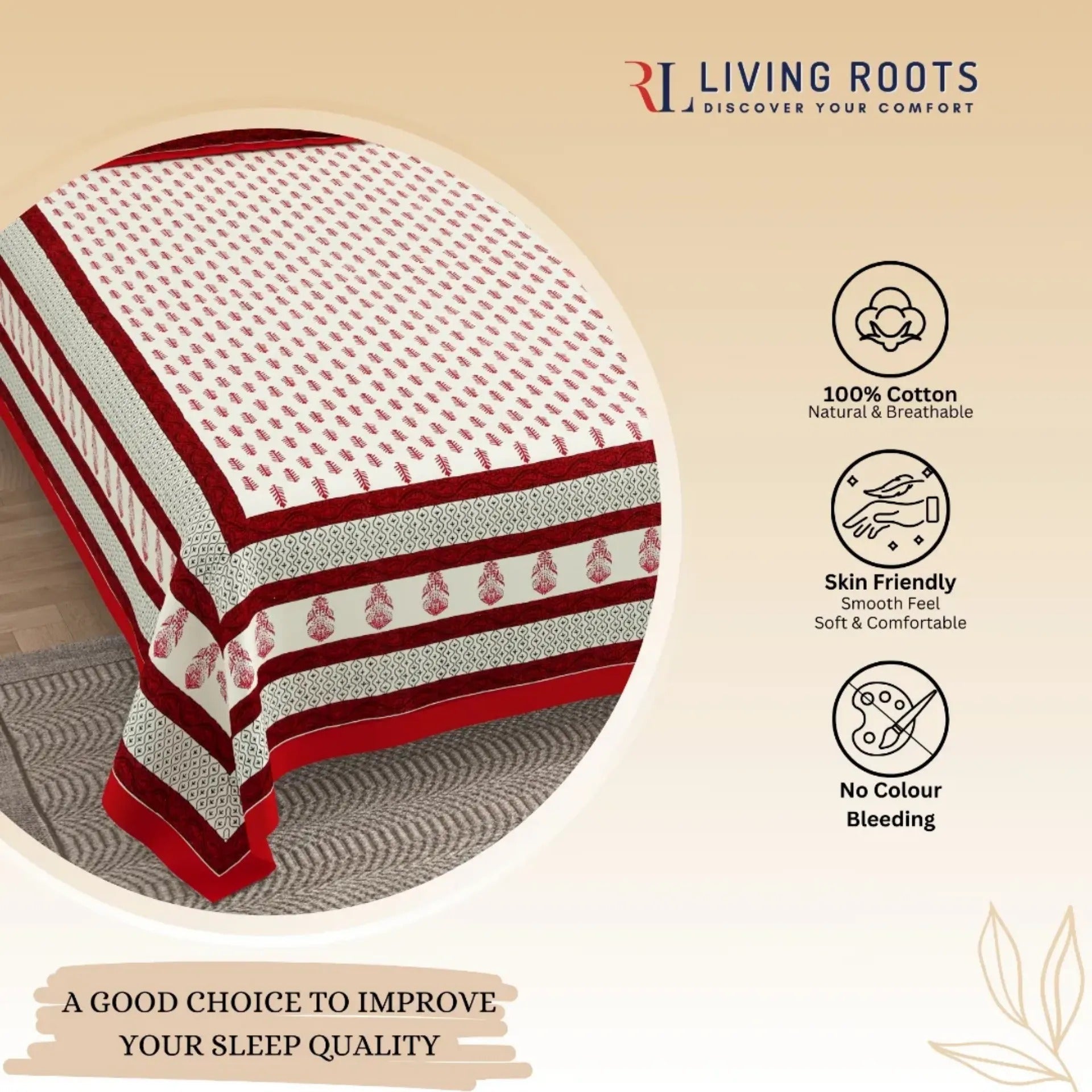 LIVING ROOTS Jaipuri Hand Block Print Double King Cotton Bedsheet 90*104 inches (7.5*8.6 feet) With 2 Pillow Cover | 240 TC | Rich Fast Colour With No Colour Bleeding | (527-A) (Red)