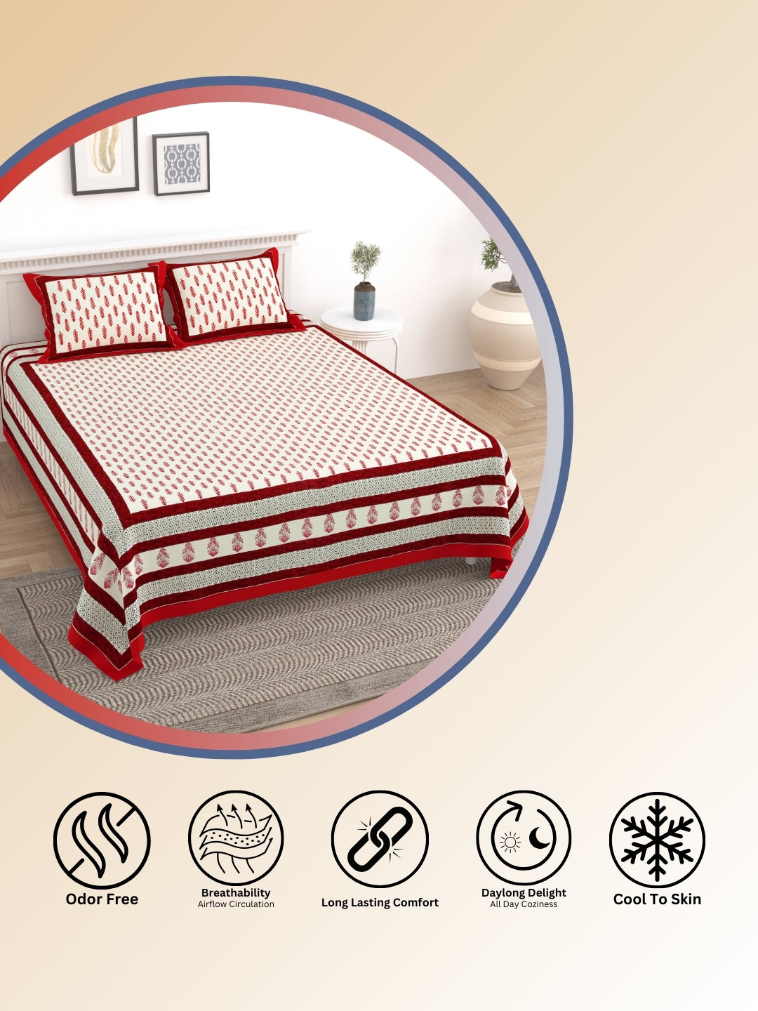 LIVING ROOTS Jaipuri Hand Block Print Double King Cotton Bedsheet 90*104 inches (7.5*8.6 feet) With 2 Pillow Cover | 240 TC | Rich Fast Colour With No Colour Bleeding | (527-A) (Red)