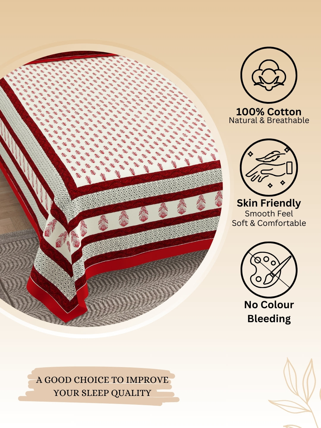 LIVING ROOTS Jaipuri Hand Block Print Double King Cotton Bedsheet 90*104 inches (7.5*8.6 feet) With 2 Pillow Cover | 240 TC | Rich Fast Colour With No Colour Bleeding | (527-A) (Red)