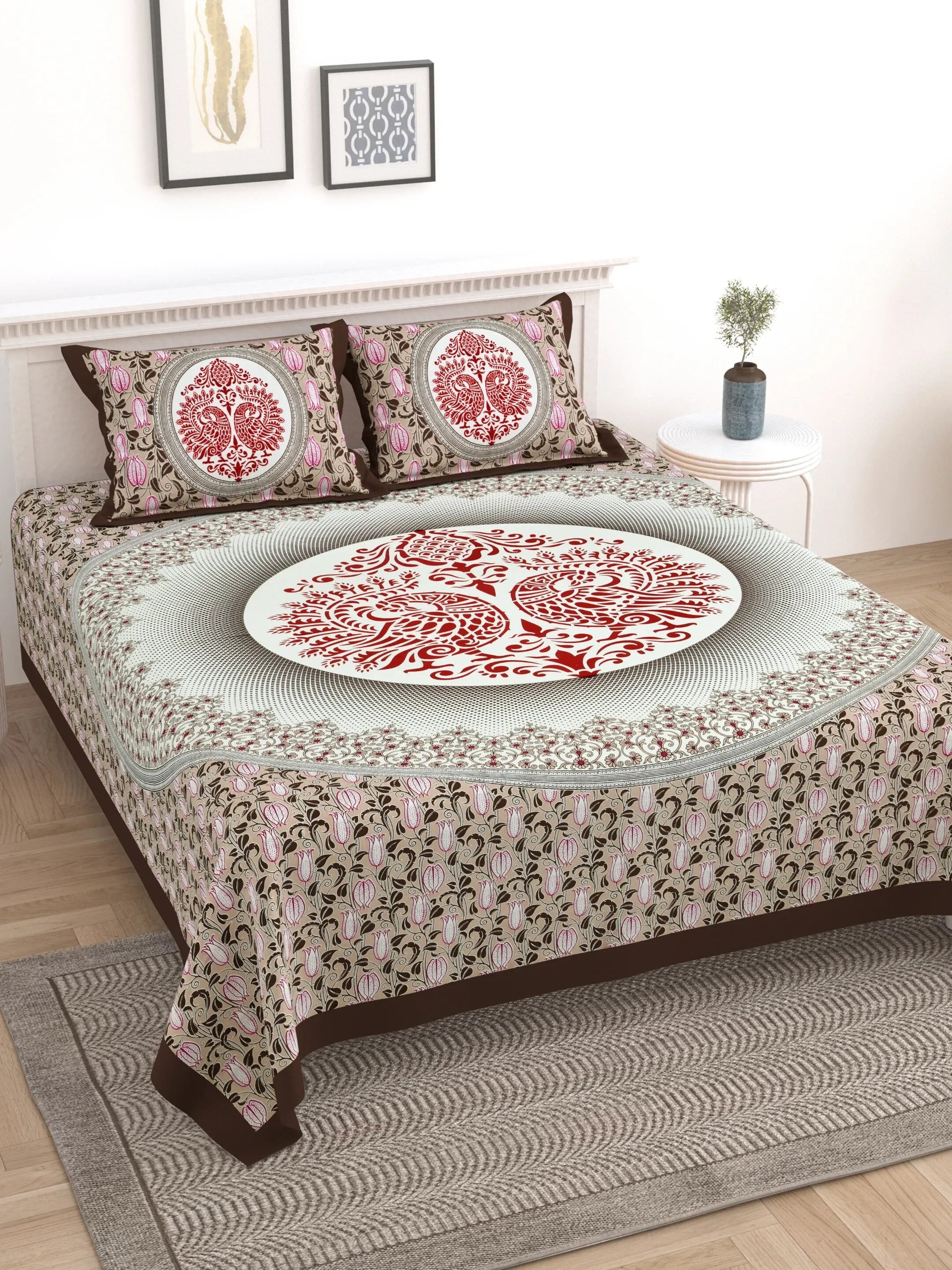 LIVING ROOTS Jaipuri Hand Block Print Double King Cotton Bedsheet 90*104 inches (7.5*8.6 feet) With 2 Pillow Cover | 240 TC | Rich Fast Colour With No Colour Bleeding | (528-B) (Brown)