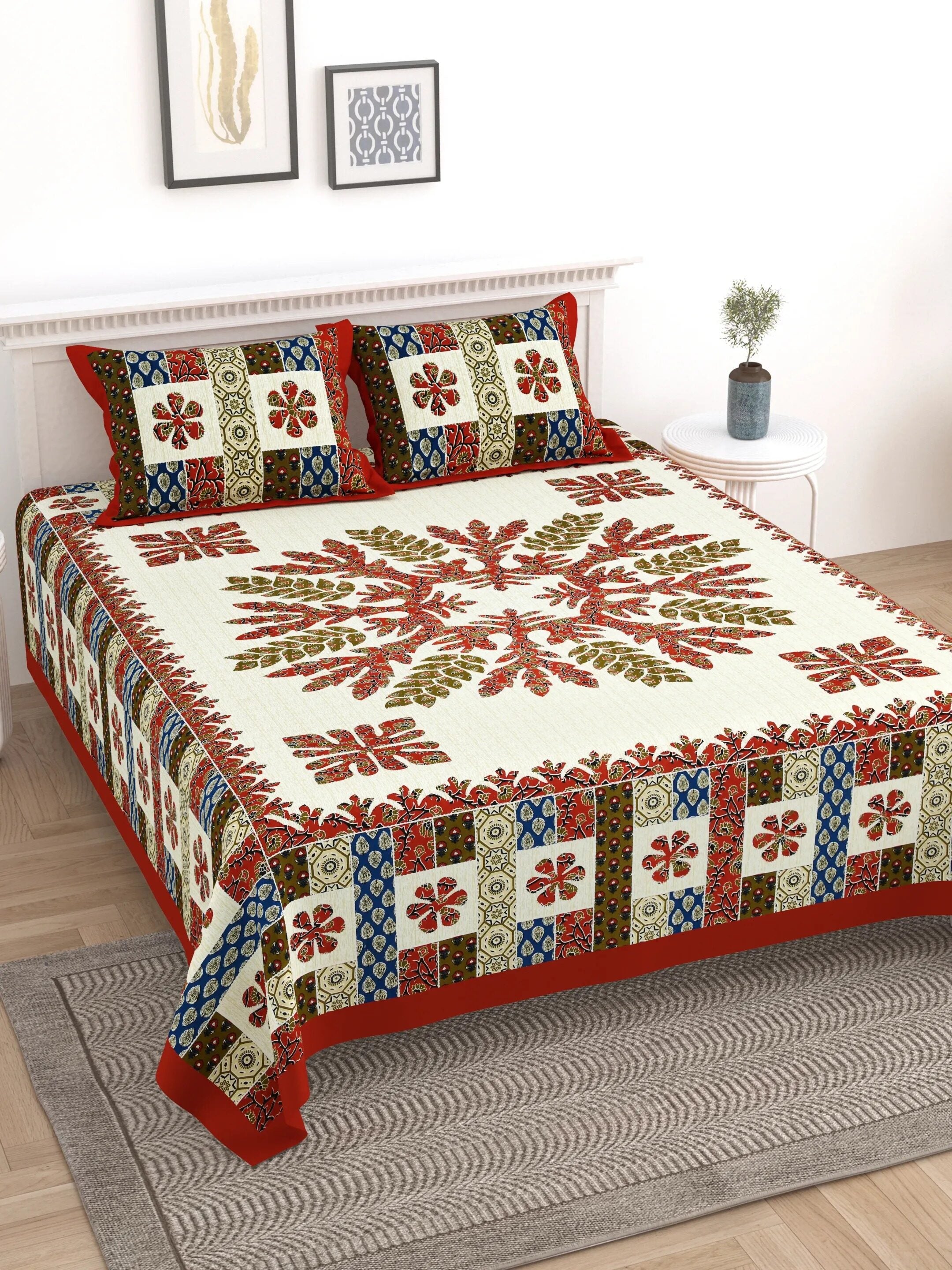 LIVING ROOTS Jaipuri Hand Block Print Double King Cotton Bedsheet 90*104 inches (7.5*8.6 feet) With 2 Pillow Cover | 240 TC | Rich Fast Colour With No Colour Bleeding | (529-B) (Red)