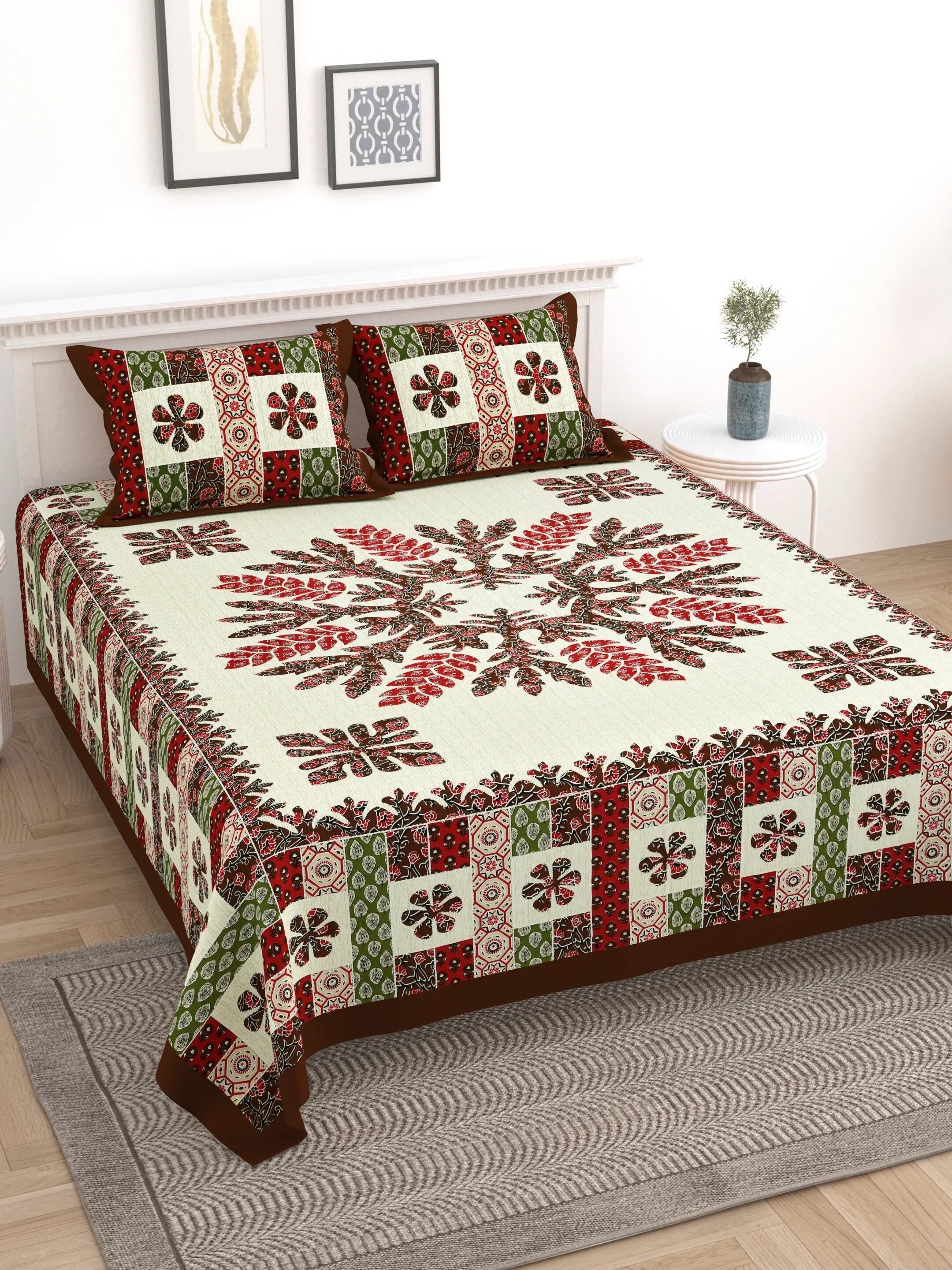 LIVING ROOTS Jaipuri Hand Block Print Double King Cotton Bedsheet 90*104 inches (7.5*8.6 feet) With 2 Pillow Cover | 240 TC | Rich Fast Colour With No Colour Bleeding | (529-C) (Maroon)