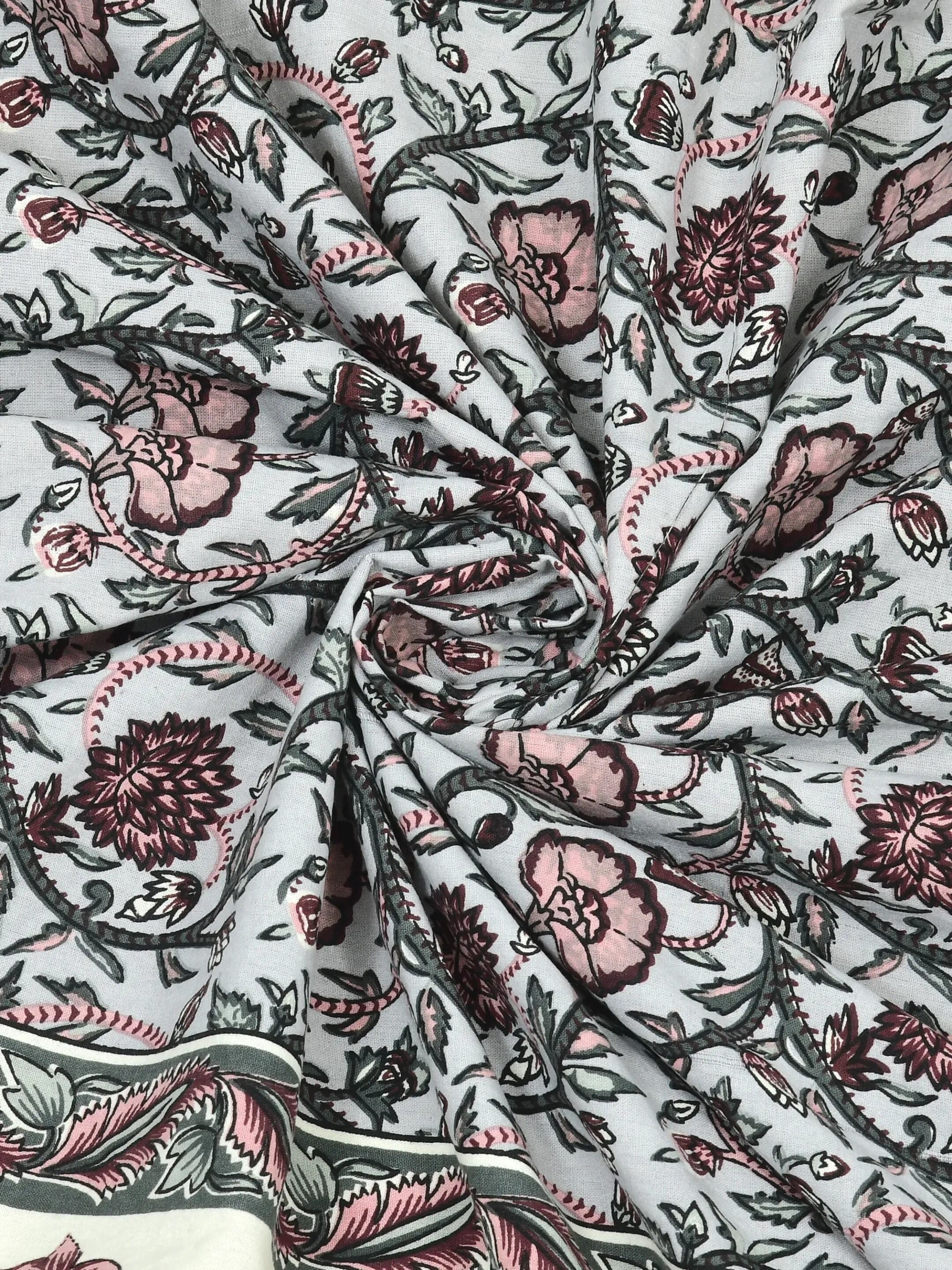 LIVING ROOTS Jaipuri Hand Block Print Double King Cotton Bedsheet 90*104 inches (7.5*8.6 feet) With 2 Pillow Cover | 240 TC | Rich Fast Colour With No Colour Bleeding | (530-B) (Grey)