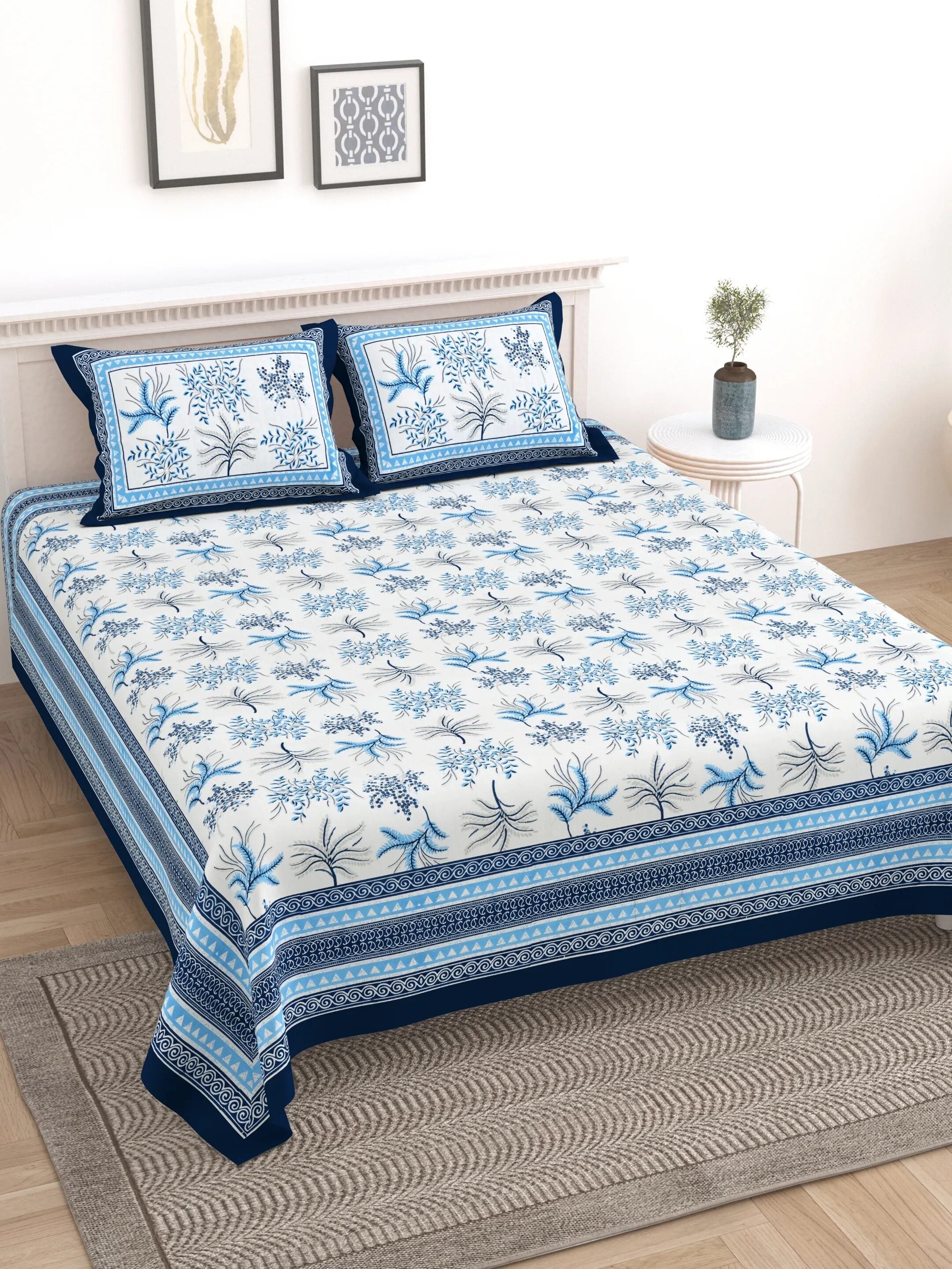 LIVING ROOTS Jaipuri Hand Block Print Double King Cotton Bedsheet 90*104 inches (7.5*8.6 feet) With 2 Pillow Cover | 240 TC | Rich Fast Colour With No Colour Bleeding | (531-A) (Blue)