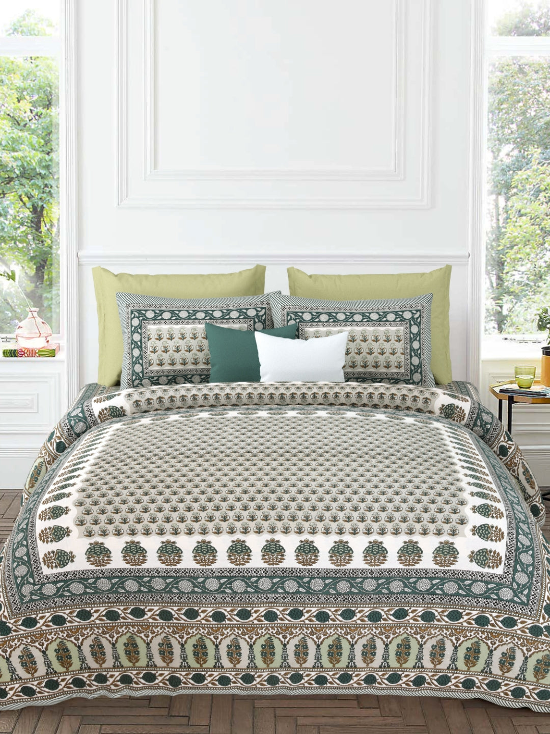LIVING ROOTS Jaipuri Hand Block Print Super King Cotton Bedsheet 104*104 inches (8.6*8.6 feet) With 2 Pillow Cover | 240 TC | Rich Fast Colour With No Colour Bleeding | (532-A) (Green)