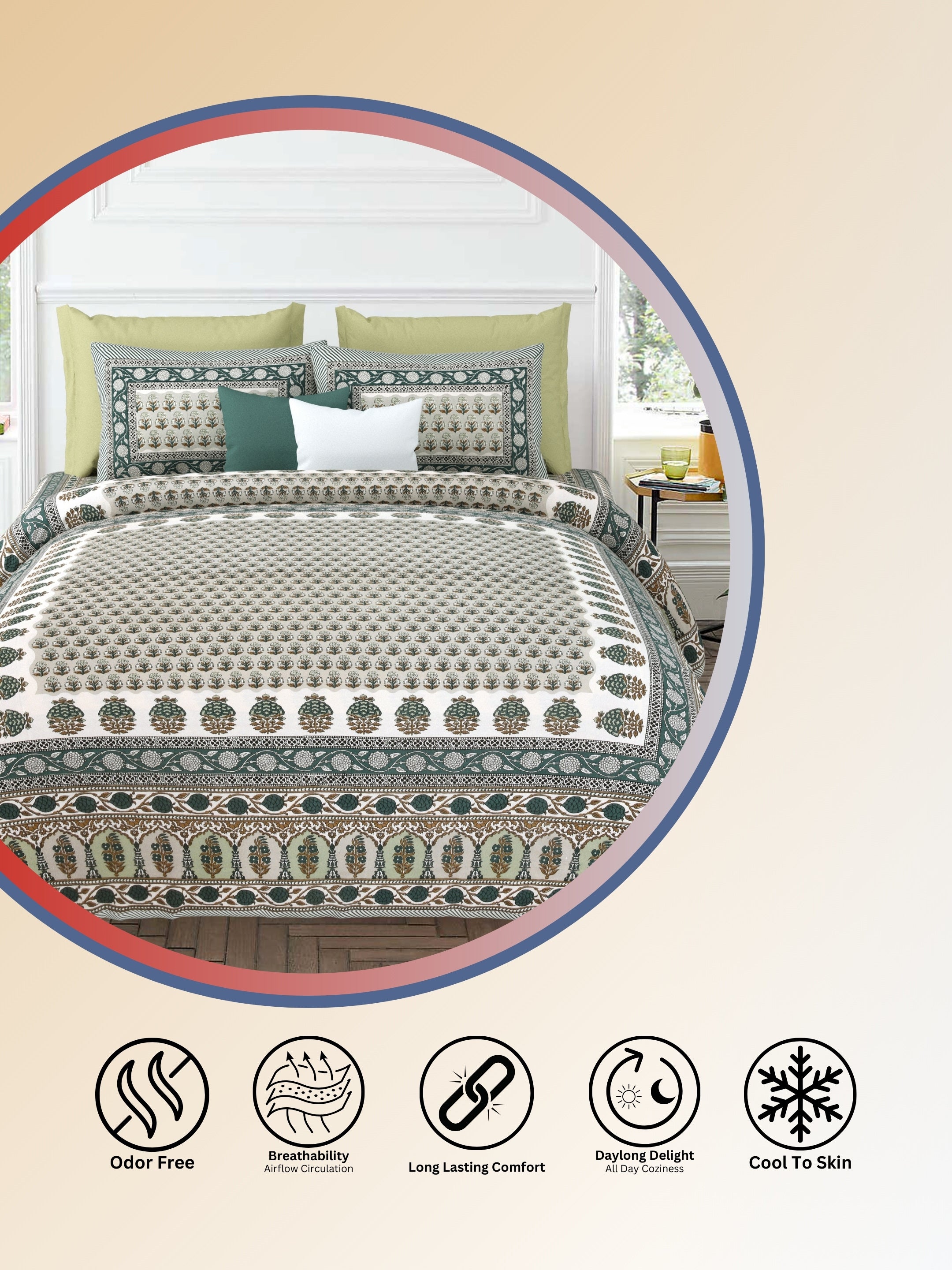 LIVING ROOTS Jaipuri Hand Block Print Super King Cotton Bedsheet 104*104 inches (8.6*8.6 feet) With 2 Pillow Cover | 240 TC | Rich Fast Colour With No Colour Bleeding | (532-A) (Green)
