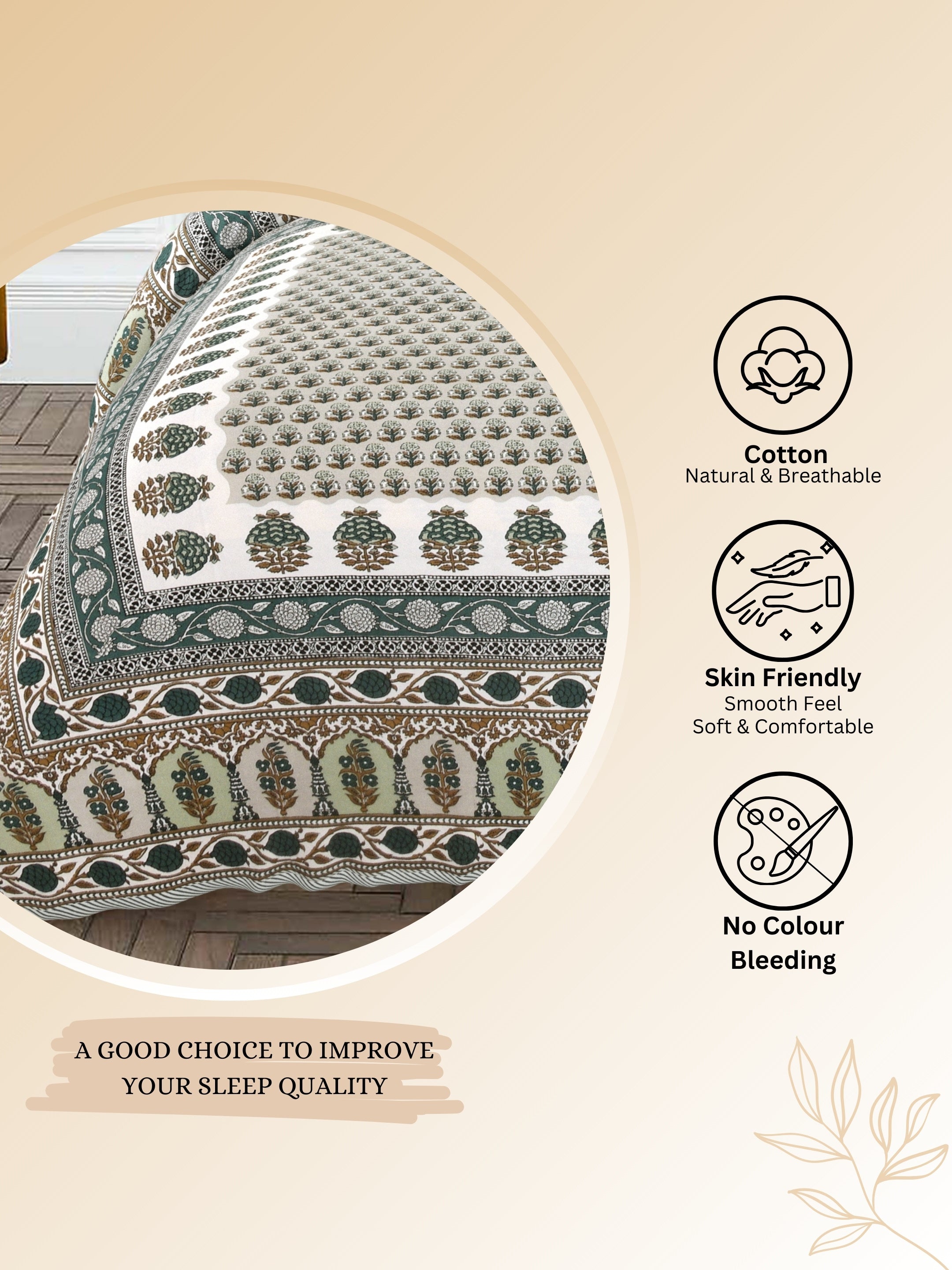 LIVING ROOTS Jaipuri Hand Block Print Super King Cotton Bedsheet 104*104 inches (8.6*8.6 feet) With 2 Pillow Cover | 240 TC | Rich Fast Colour With No Colour Bleeding | (532-A) (Green)