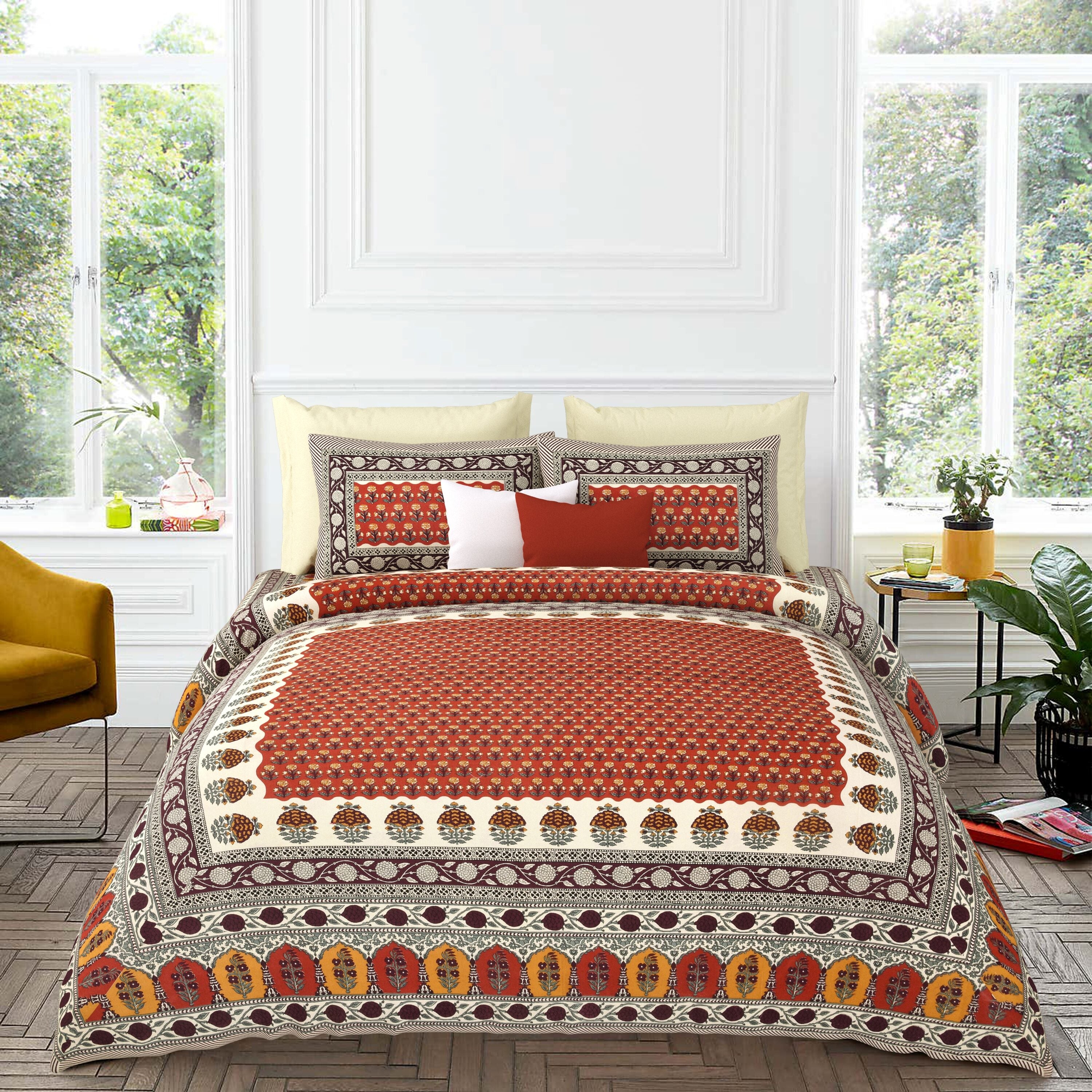 LIVING ROOTS Jaipuri Hand Block Print Super King Cotton Bedsheet 104*104 inches (8.6*8.6 feet) With 2 Pillow Cover | 240 TC | Rich Fast Colour With No Colour Bleeding | (532-B) (Red)