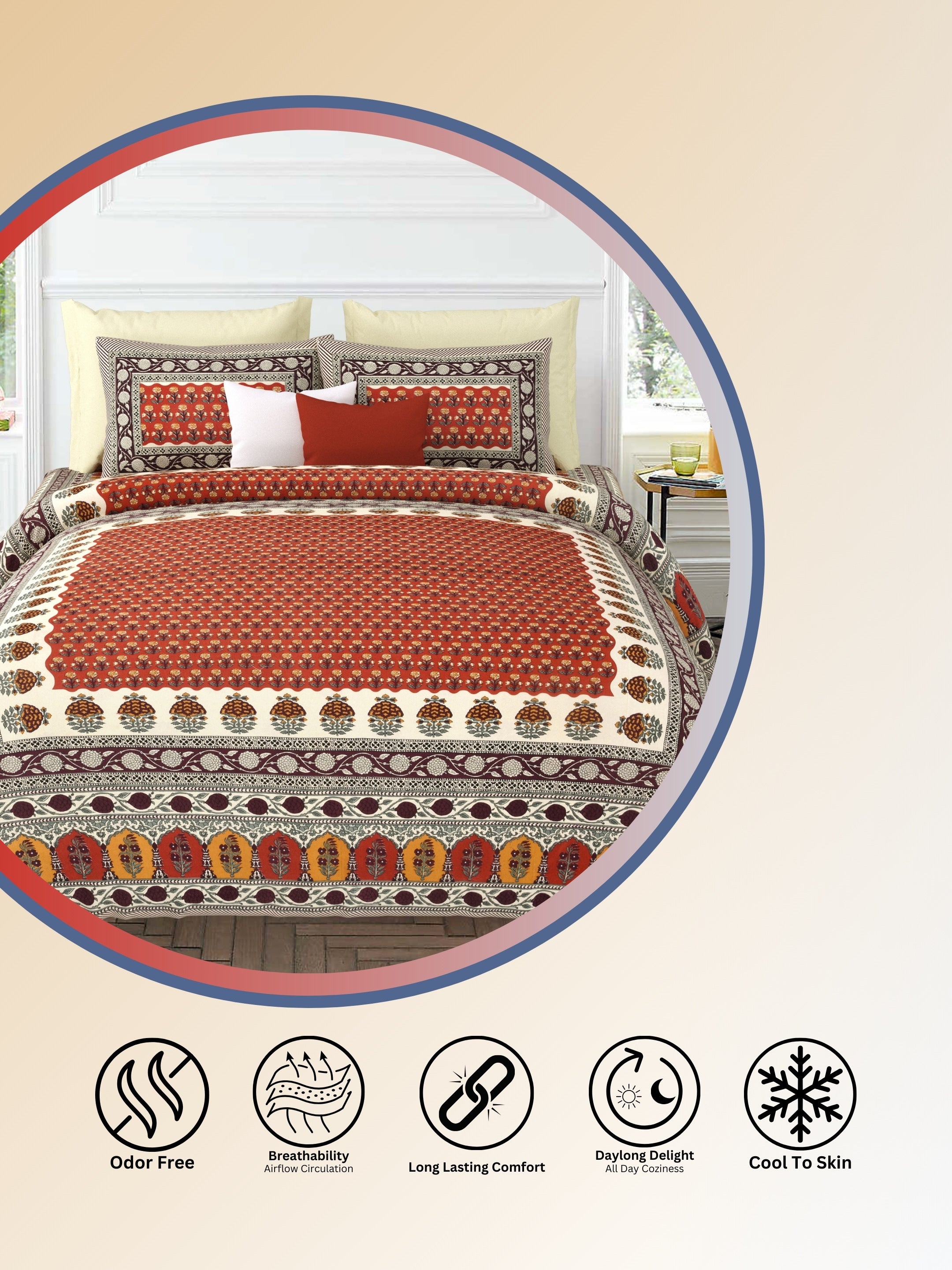 LIVING ROOTS Jaipuri Hand Block Print Super King Cotton Bedsheet 104*104 inches (8.6*8.6 feet) With 2 Pillow Cover | 240 TC | Rich Fast Colour With No Colour Bleeding | (532-B) (Red)