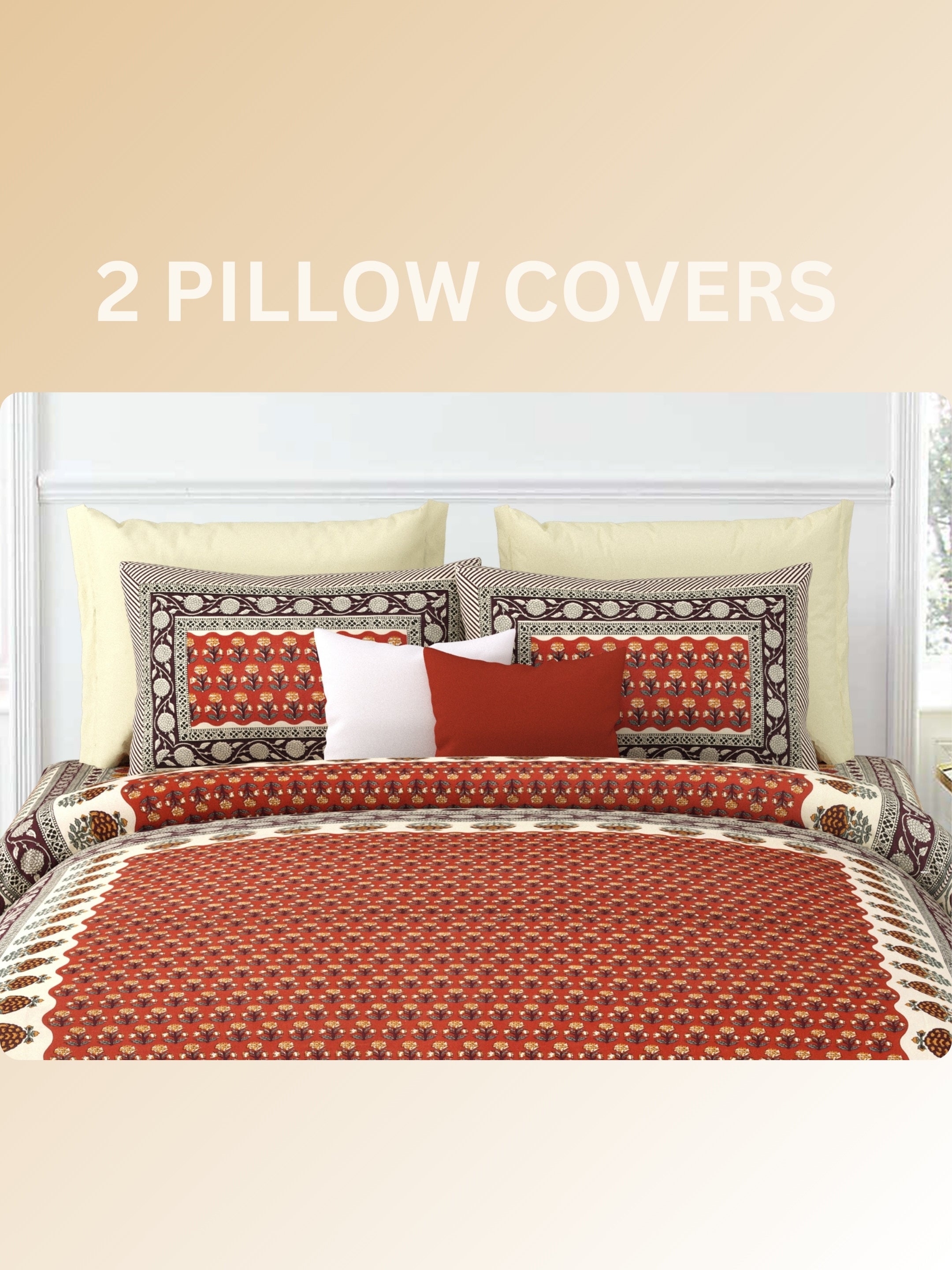 LIVING ROOTS Jaipuri Hand Block Print Super King Cotton Bedsheet 104*104 inches (8.6*8.6 feet) With 2 Pillow Cover | 240 TC | Rich Fast Colour With No Colour Bleeding | (532-B) (Red)
