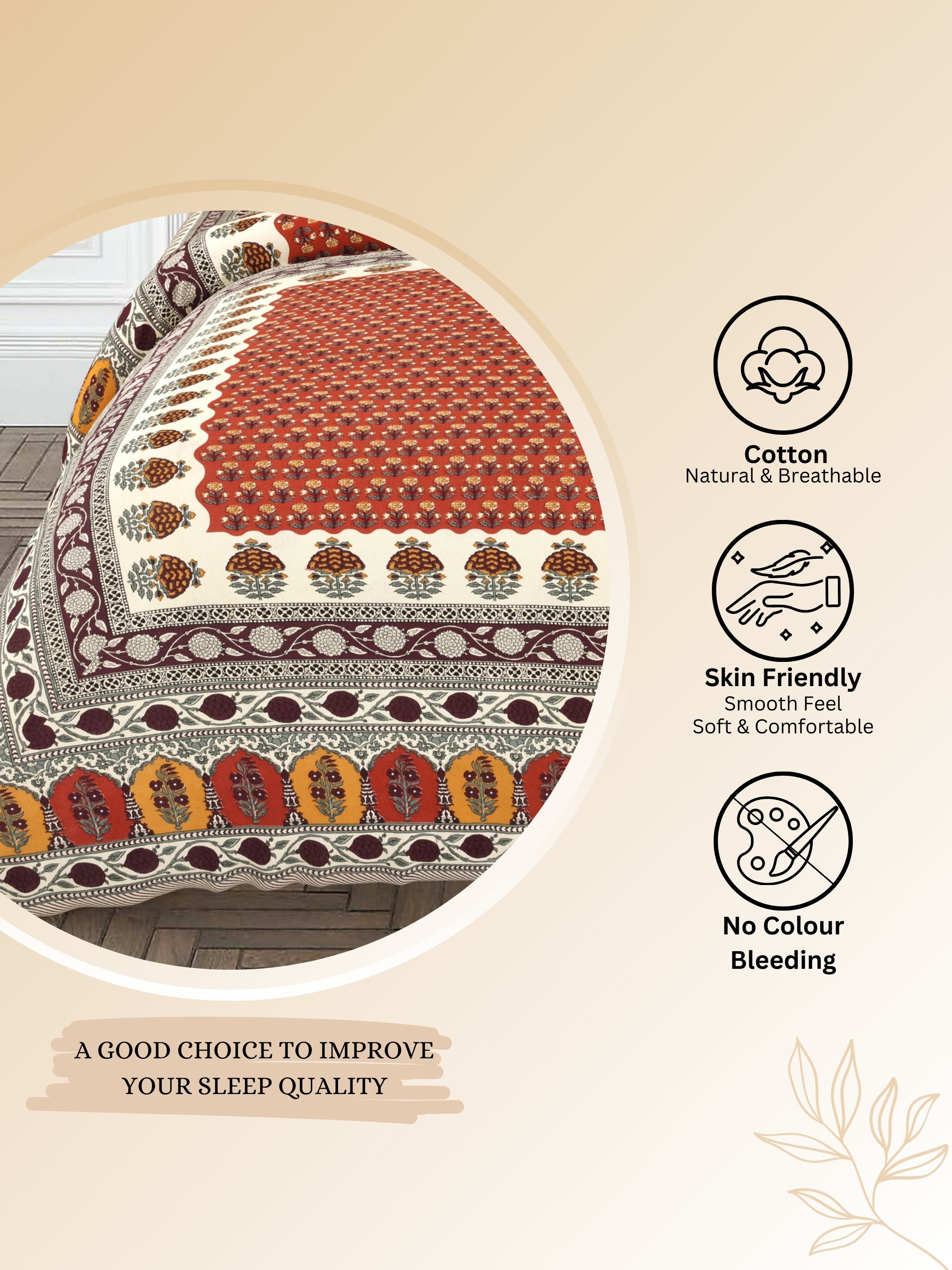LIVING ROOTS Jaipuri Hand Block Print Super King Cotton Bedsheet 104*104 inches (8.6*8.6 feet) With 2 Pillow Cover | 240 TC | Rich Fast Colour With No Colour Bleeding | (532-B) (Red)