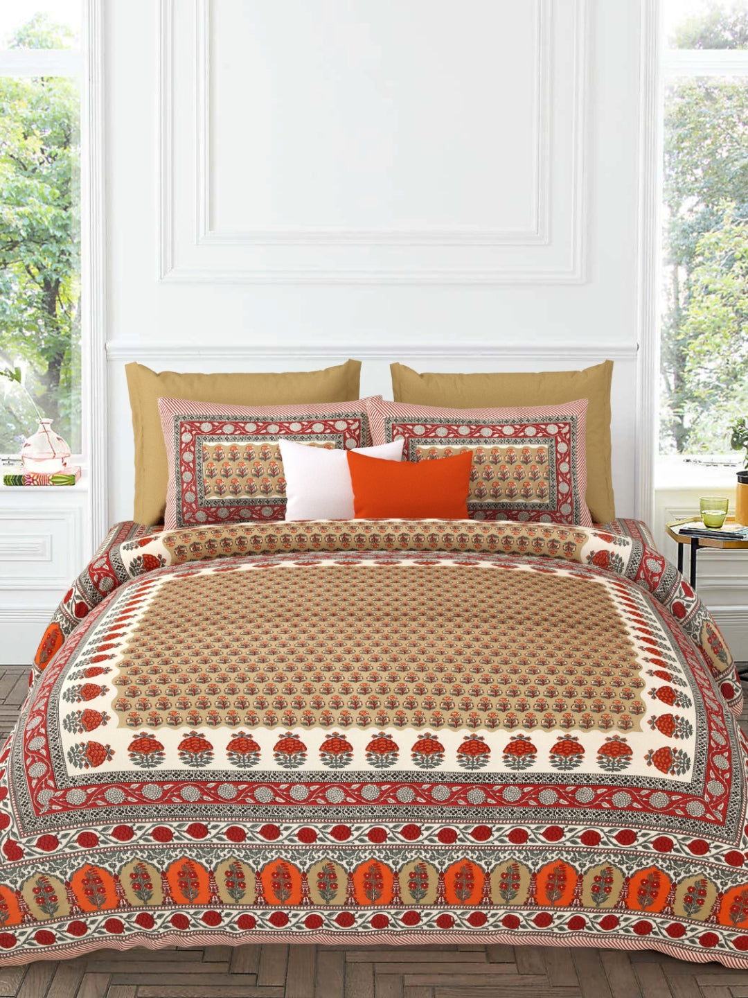LIVING ROOTS Jaipuri Hand Block Print Super King Cotton Bedsheet 104*104 inches (8.6*8.6 feet) With 2 Pillow Cover | 240 TC | Rich Fast Colour With No Colour Bleeding | (532-C) (Beige)