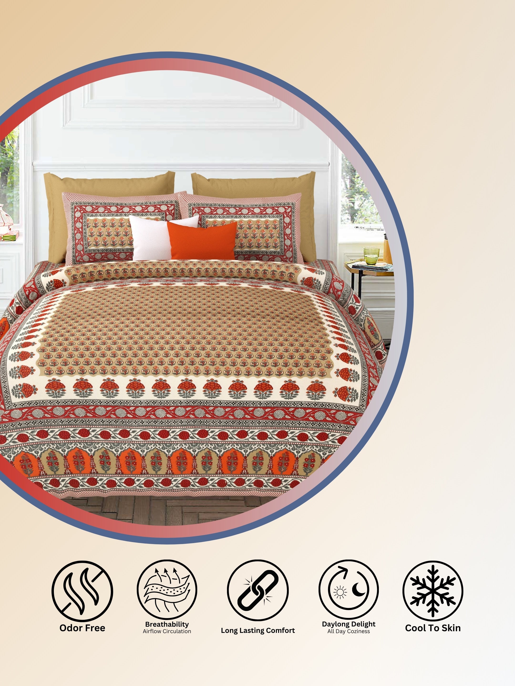 LIVING ROOTS Jaipuri Hand Block Print Super King Cotton Bedsheet 104*104 inches (8.6*8.6 feet) With 2 Pillow Cover | 240 TC | Rich Fast Colour With No Colour Bleeding | (532-C) (Beige)