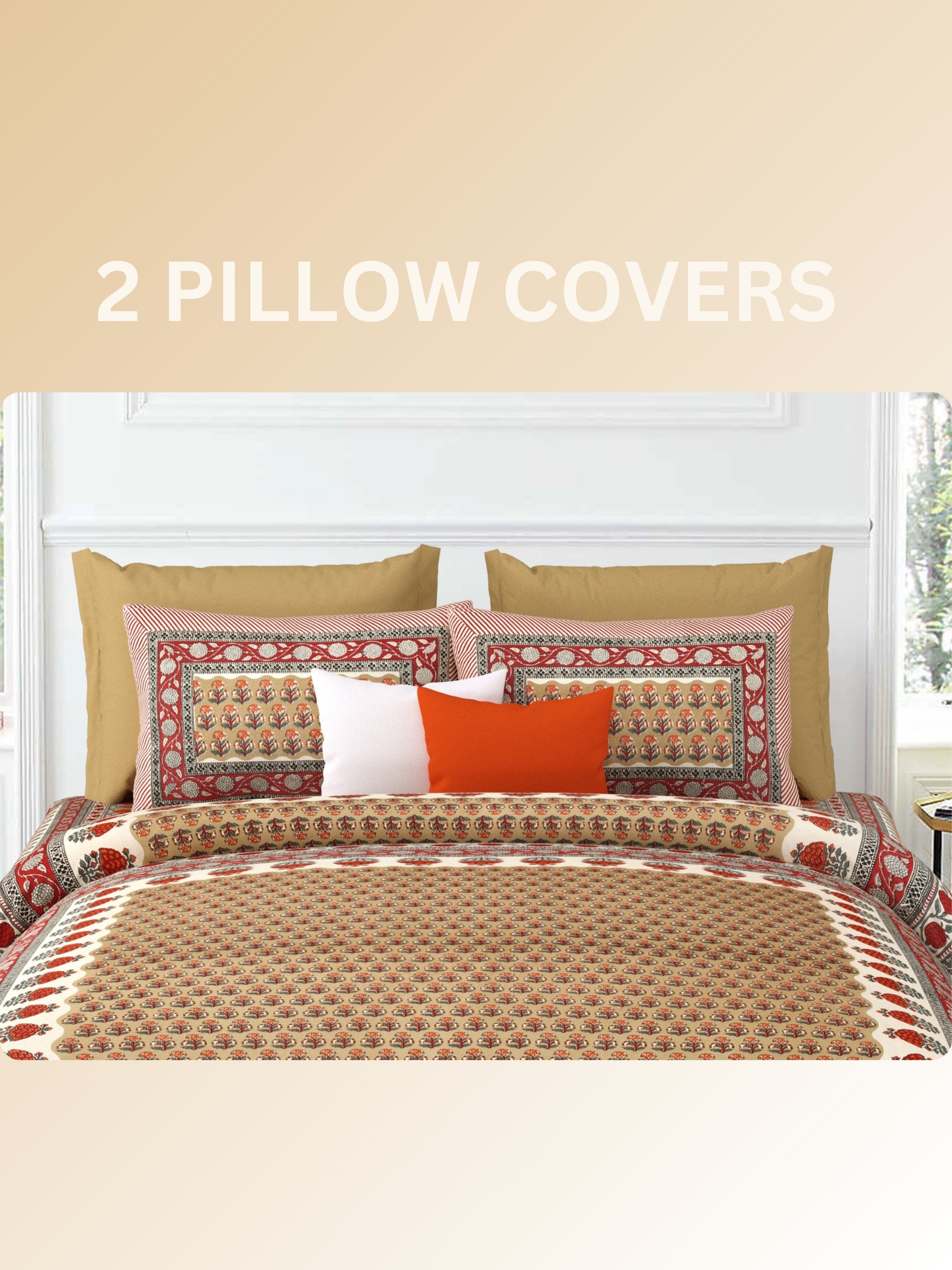LIVING ROOTS Jaipuri Hand Block Print Super King Cotton Bedsheet 104*104 inches (8.6*8.6 feet) With 2 Pillow Cover | 240 TC | Rich Fast Colour With No Colour Bleeding | (532-C) (Beige)
