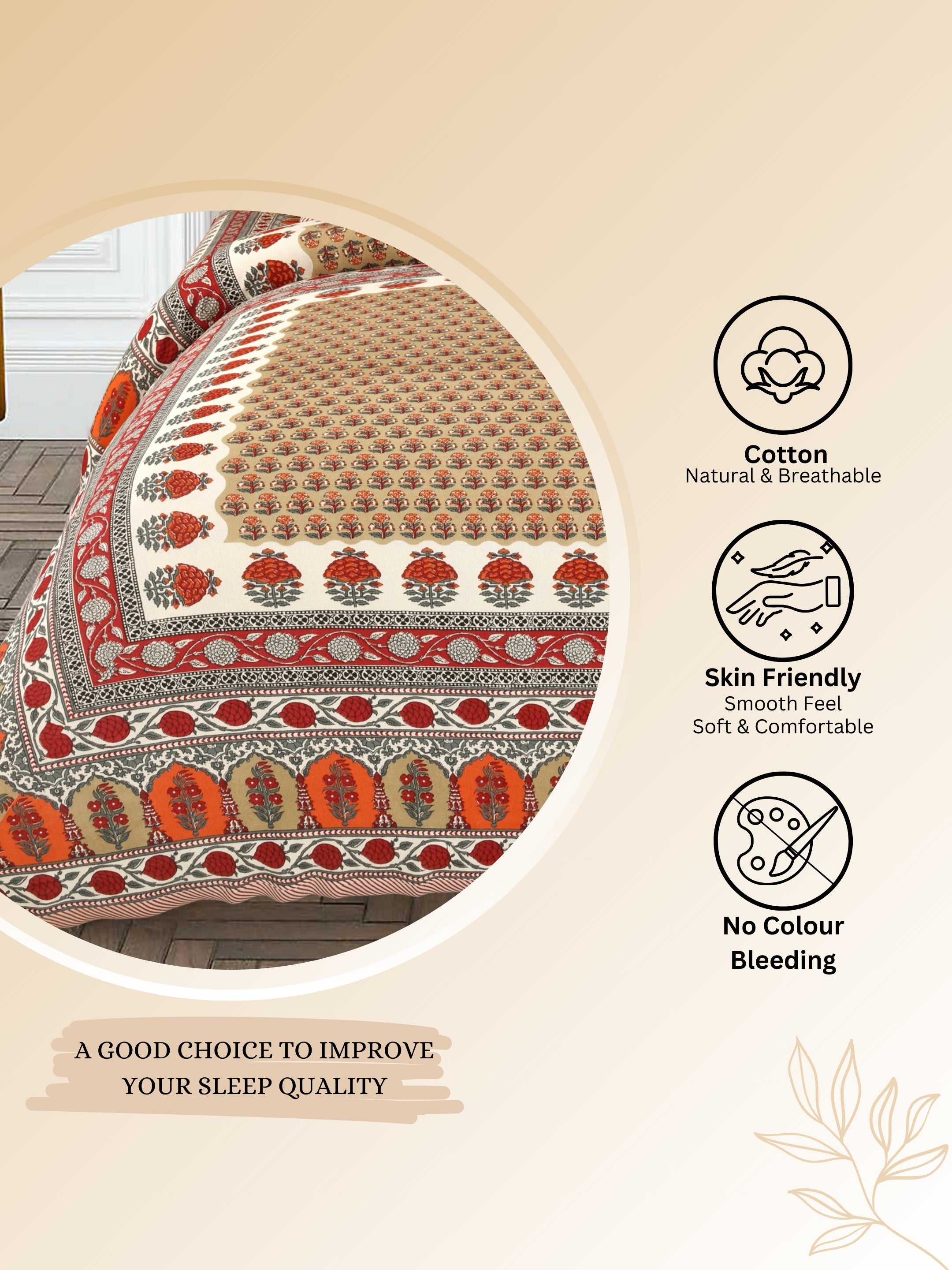 LIVING ROOTS Jaipuri Hand Block Print Super King Cotton Bedsheet 104*104 inches (8.6*8.6 feet) With 2 Pillow Cover | 240 TC | Rich Fast Colour With No Colour Bleeding | (532-C) (Beige)