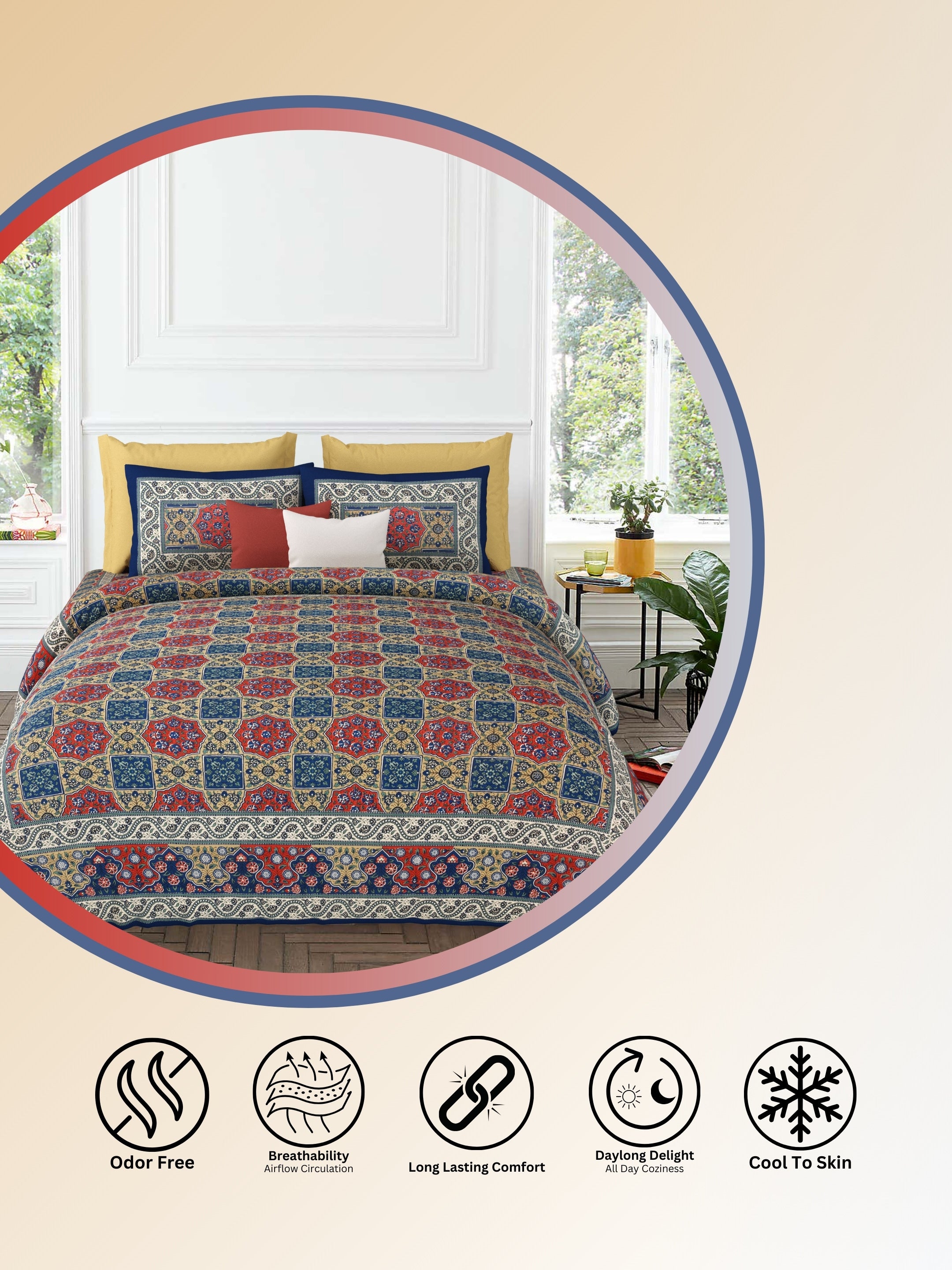 LIVING ROOTS Jaipuri Hand Block Print Super King Cotton Bedsheet 104*104 inches (8.6*8.6 feet) With 2 Pillow Cover | 240 TC | Rich Fast Colour With No Colour Bleeding | (534-A) (Blue)