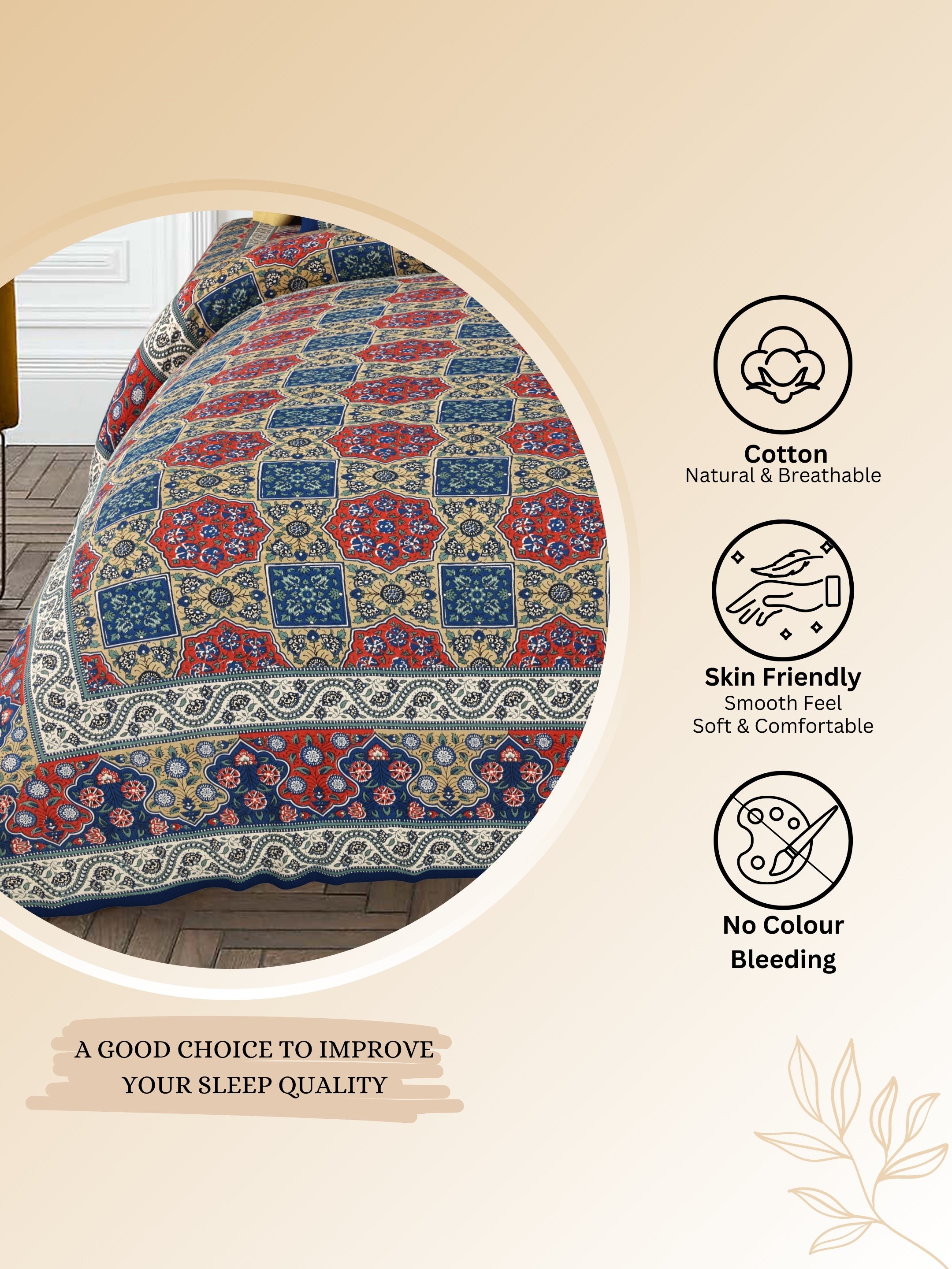 LIVING ROOTS Jaipuri Hand Block Print Super King Cotton Bedsheet 104*104 inches (8.6*8.6 feet) With 2 Pillow Cover | 240 TC | Rich Fast Colour With No Colour Bleeding | (534-A) (Blue)