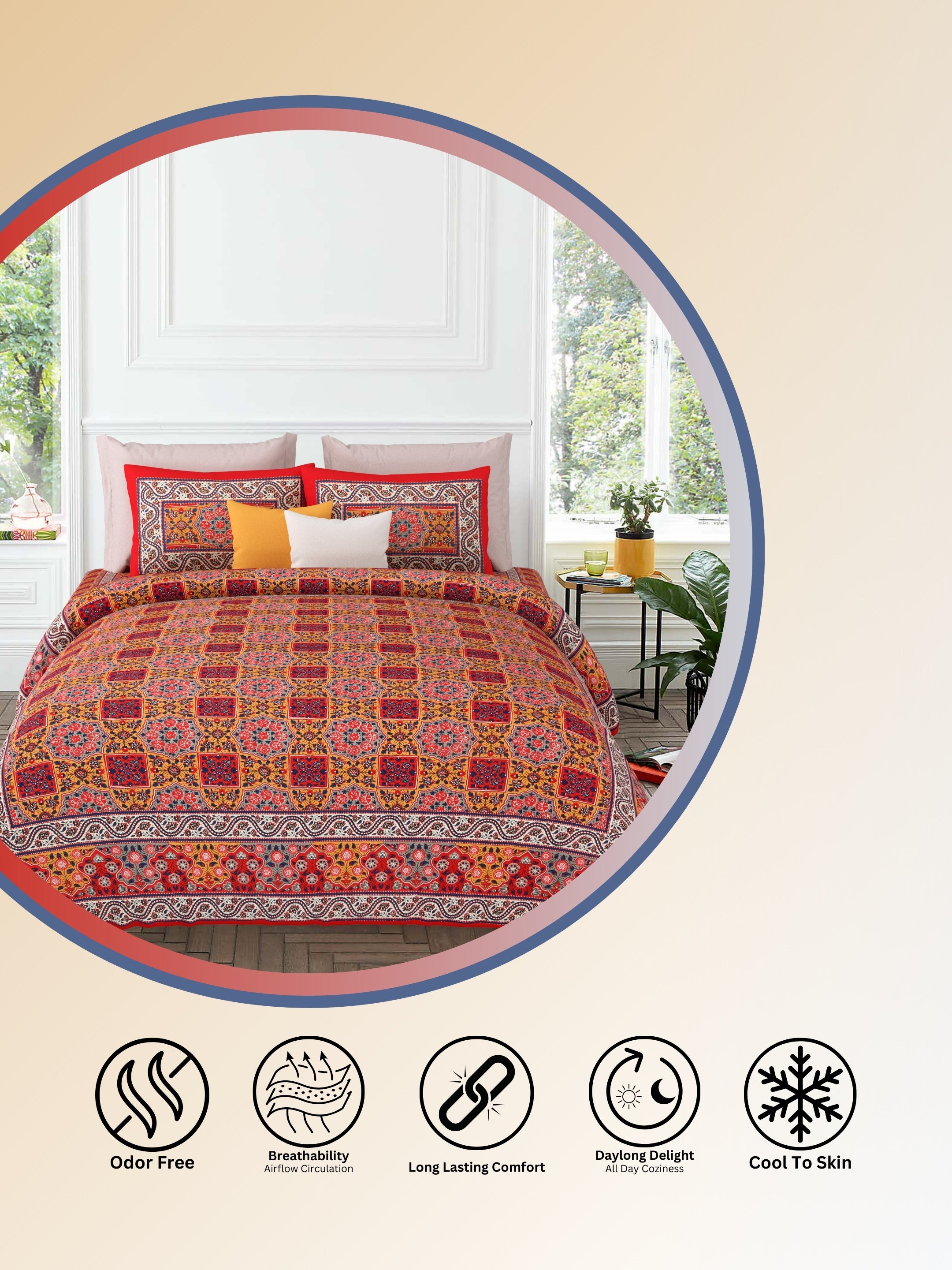 LIVING ROOTS Jaipuri Hand Block Print Super King Cotton Bedsheet 104*104 inches (8.6*8.6 feet) With 2 Pillow Cover | 240 TC | Rich Fast Colour With No Colour Bleeding | (534-B) (Red)