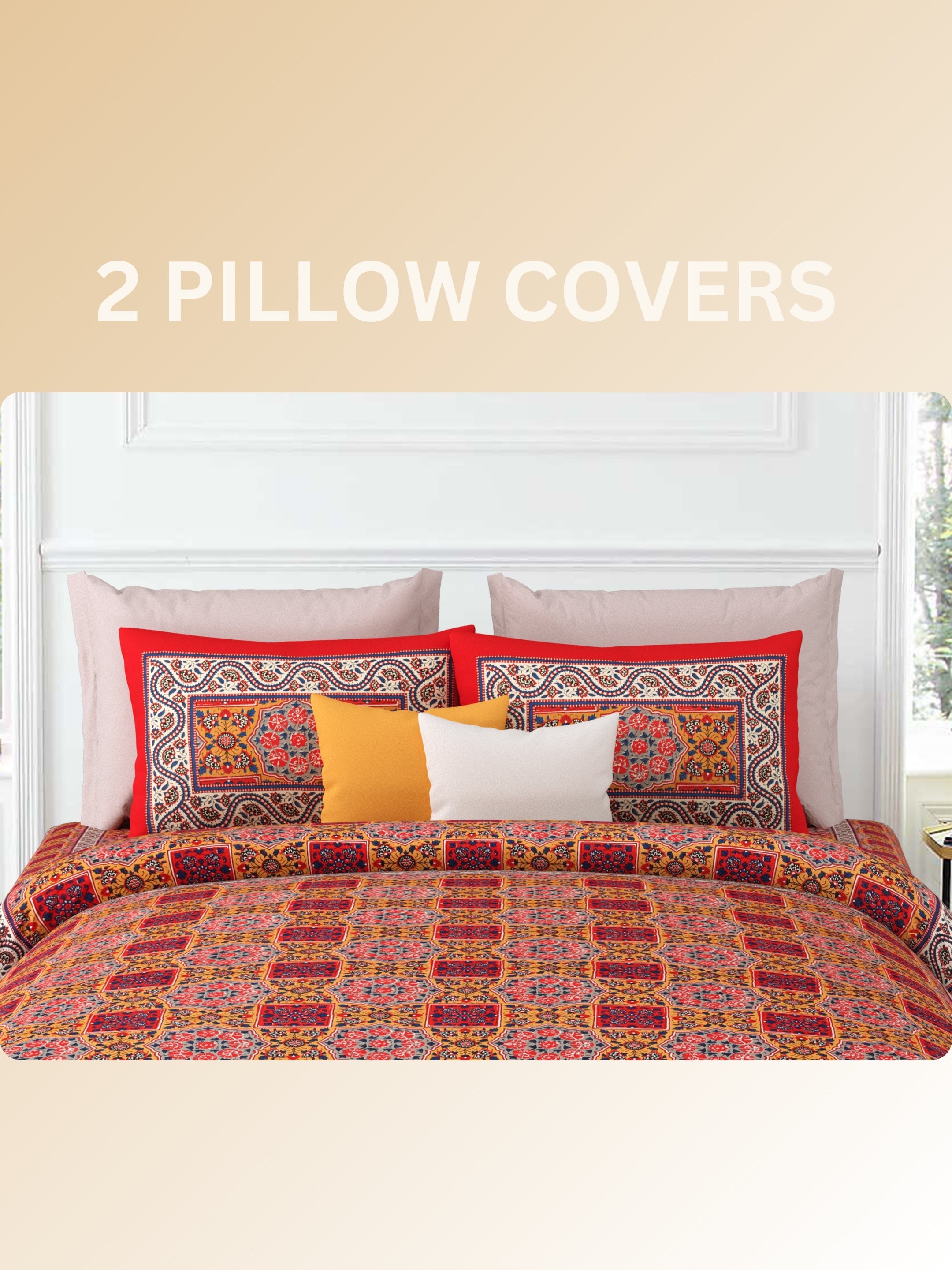 LIVING ROOTS Jaipuri Hand Block Print Super King Cotton Bedsheet 104*104 inches (8.6*8.6 feet) With 2 Pillow Cover | 240 TC | Rich Fast Colour With No Colour Bleeding | (534-B) (Red)