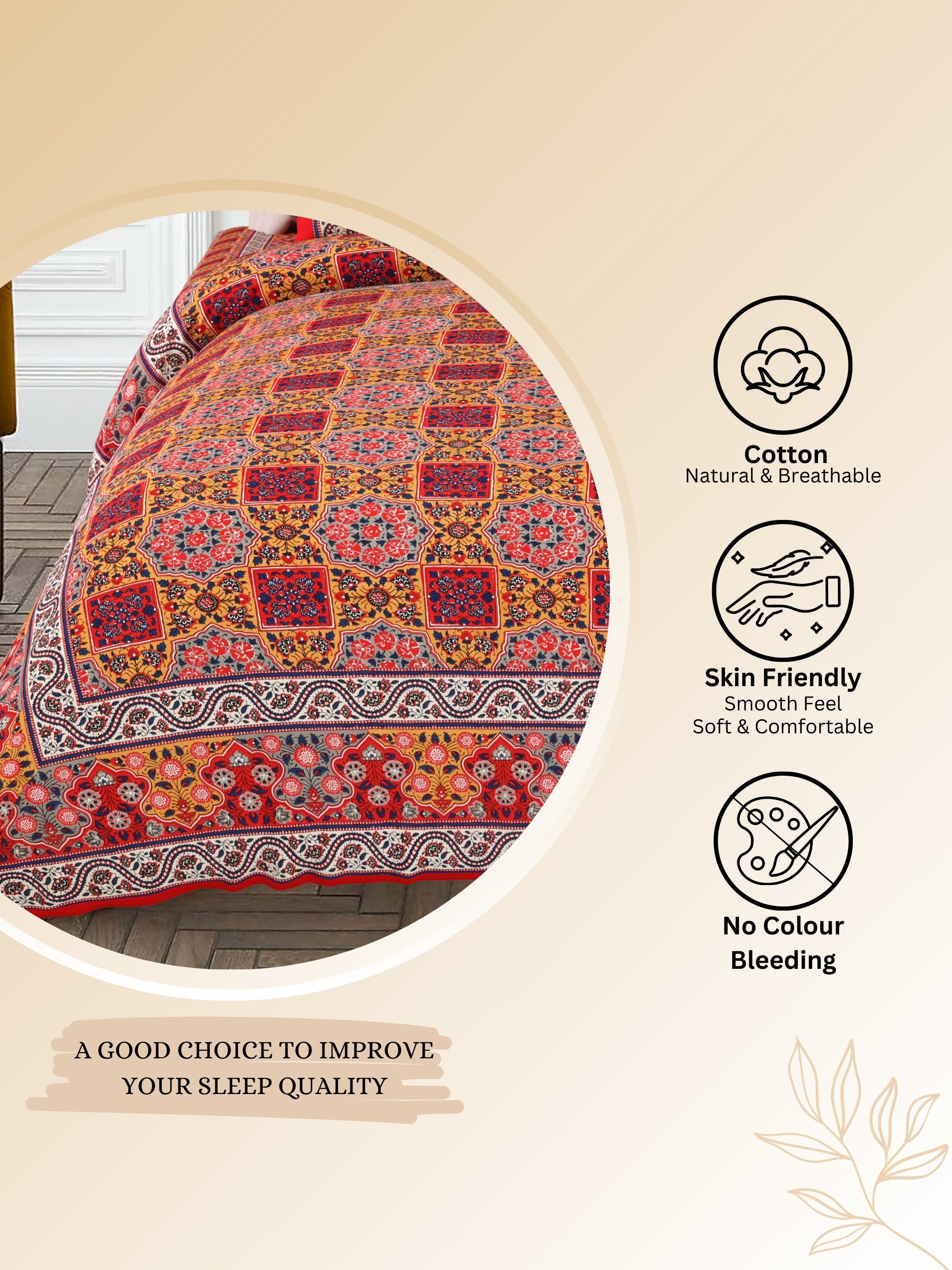 LIVING ROOTS Jaipuri Hand Block Print Super King Cotton Bedsheet 104*104 inches (8.6*8.6 feet) With 2 Pillow Cover | 240 TC | Rich Fast Colour With No Colour Bleeding | (534-B) (Red)