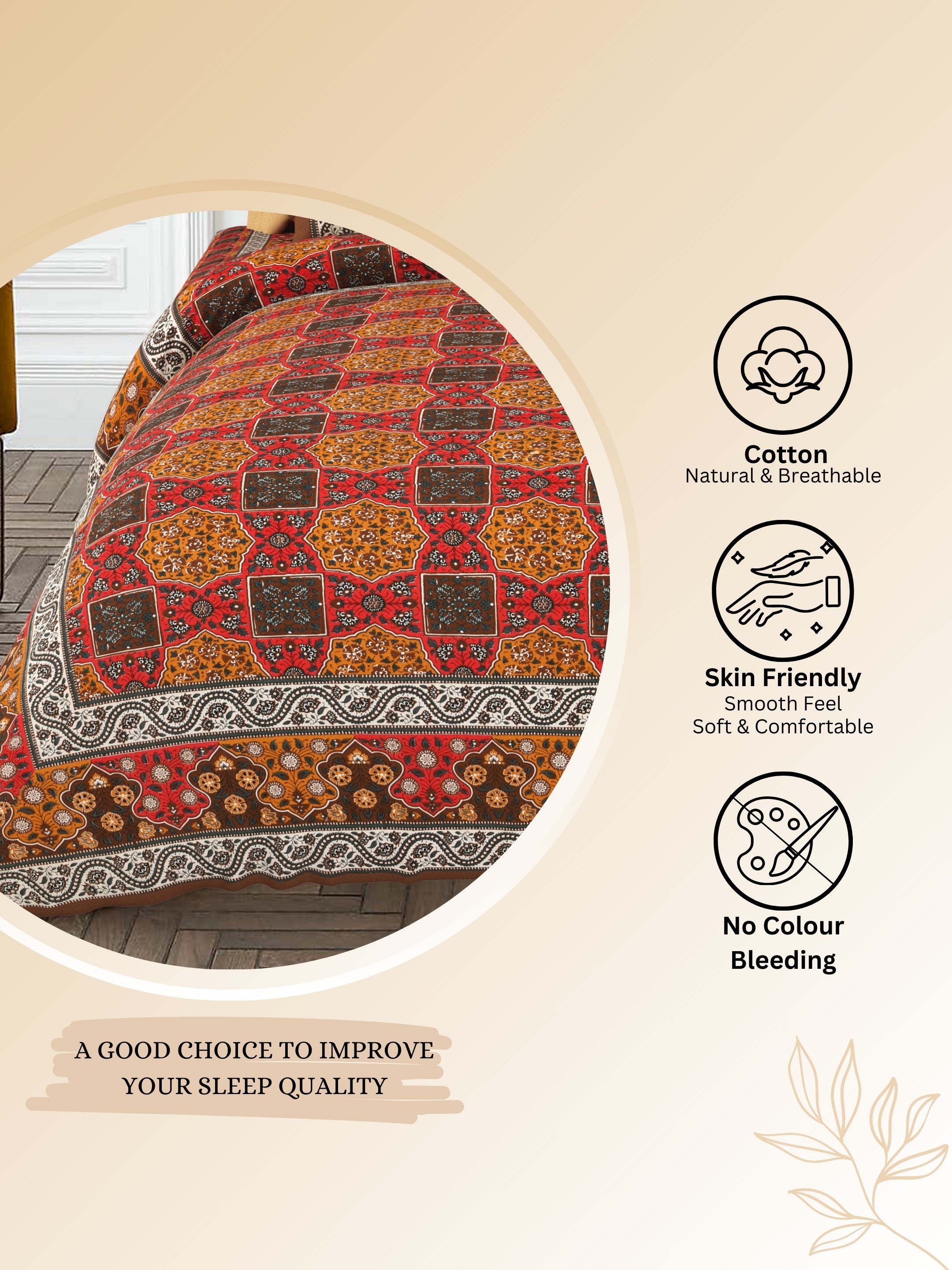 LIVING ROOTS Jaipuri Hand Block Print Super King Cotton Bedsheet 104*104 inches (8.6*8.6 feet) With 2 Pillow Cover | 240 TC | Rich Fast Colour With No Colour Bleeding | (534-C) (Brown)