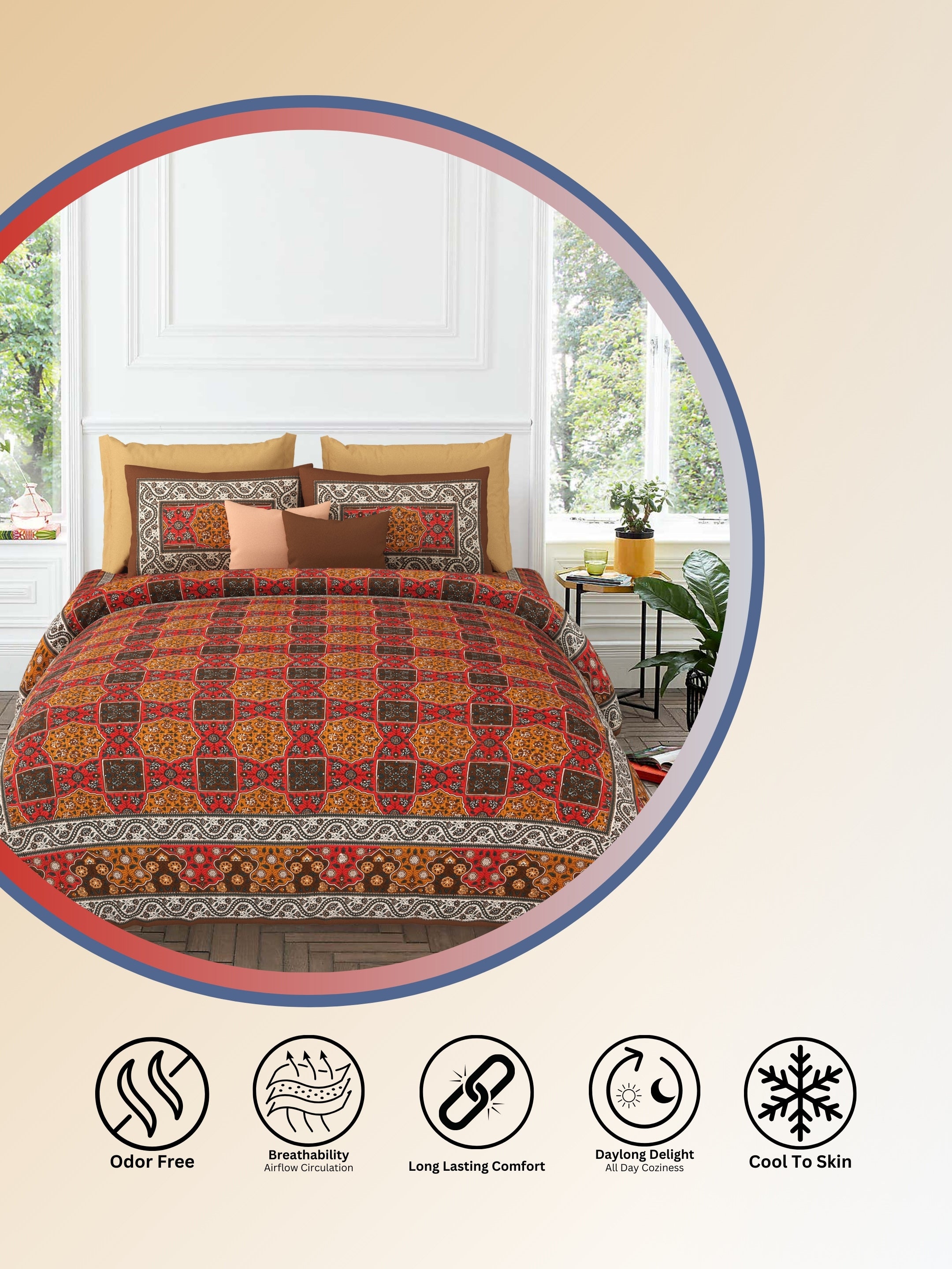 LIVING ROOTS Jaipuri Hand Block Print Super King Cotton Bedsheet 104*104 inches (8.6*8.6 feet) With 2 Pillow Cover | 240 TC | Rich Fast Colour With No Colour Bleeding | (534-C) (Brown)