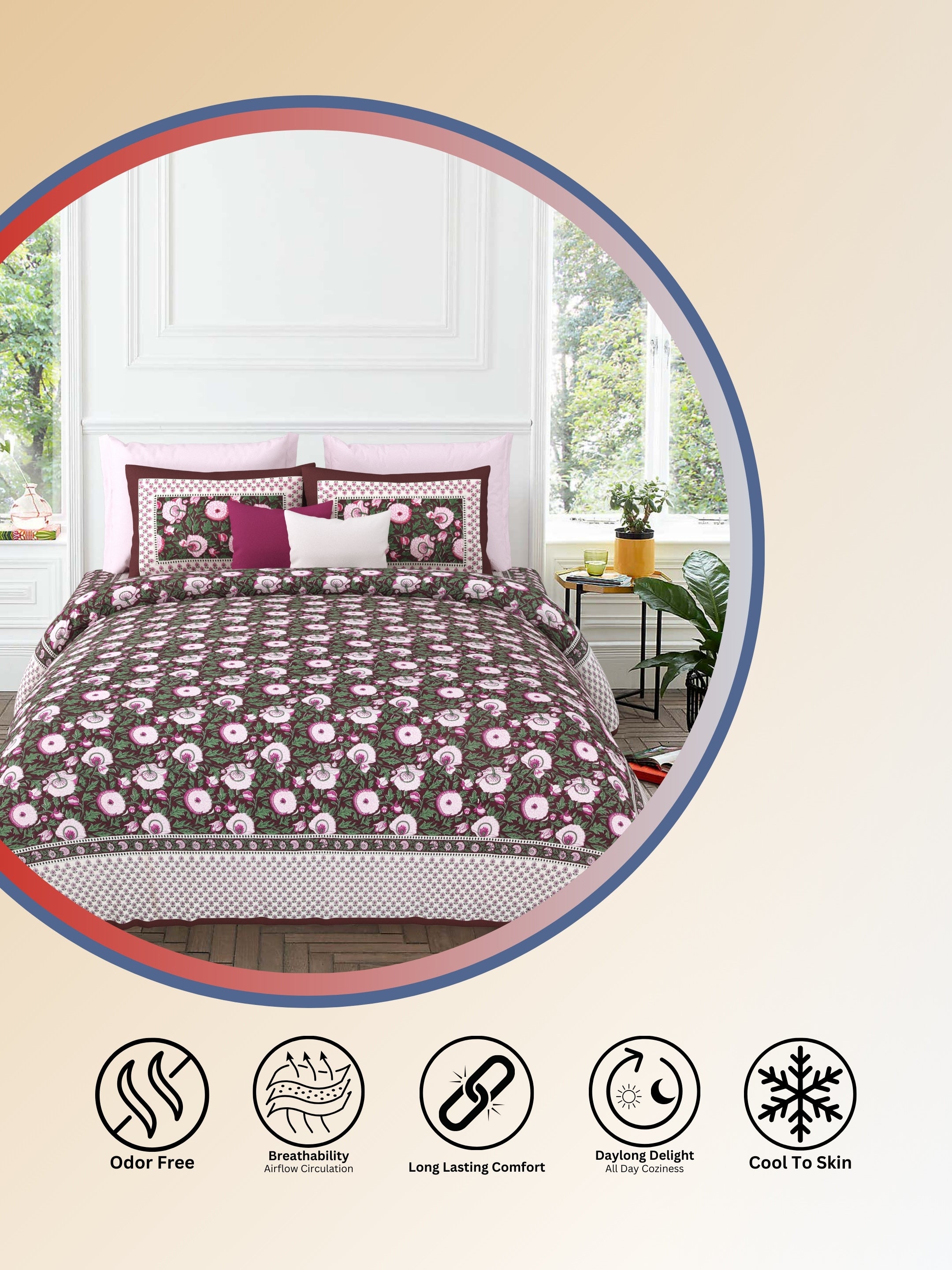 LIVING ROOTS Jaipuri Hand Block Print Super King Cotton Bedsheet 104*104 inches (8.6*8.6 feet) With 2 Pillow Cover | 240 TC | Rich Fast Colour With No Colour Bleeding | (535-A) (Brown)