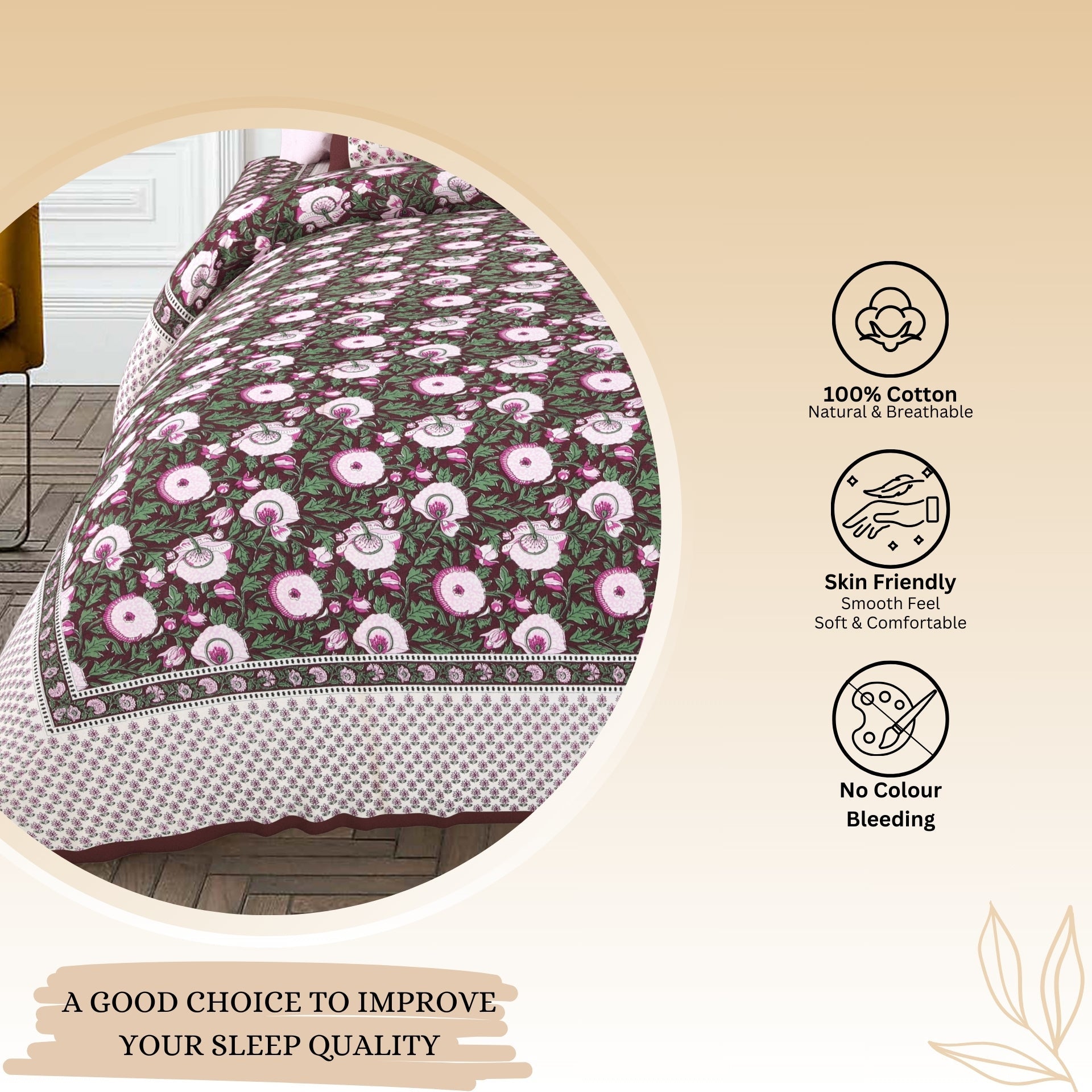 LIVING ROOTS Jaipuri Hand Block Print Super King Cotton Bedsheet 104*104 inches (8.6*8.6 feet) With 2 Pillow Cover | 240 TC | Rich Fast Colour With No Colour Bleeding | (535-A) (Brown)